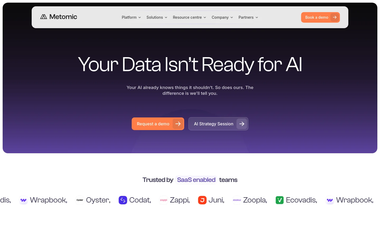 The desktop homepage features a dark purple gradient hero section with the headline 'Your Data Isn't Ready for AI' and two primary call-to-action buttons: 'Request a demo' in orange and 'AI Strategy Session' in dark grey. Below the hero, a 'Trusted by SaaS enabled teams' section displays a scrolling row of company logos including Wrapbook, Oyster, Codat, Zappi, Juni, Zoopla, and Ecovadis.