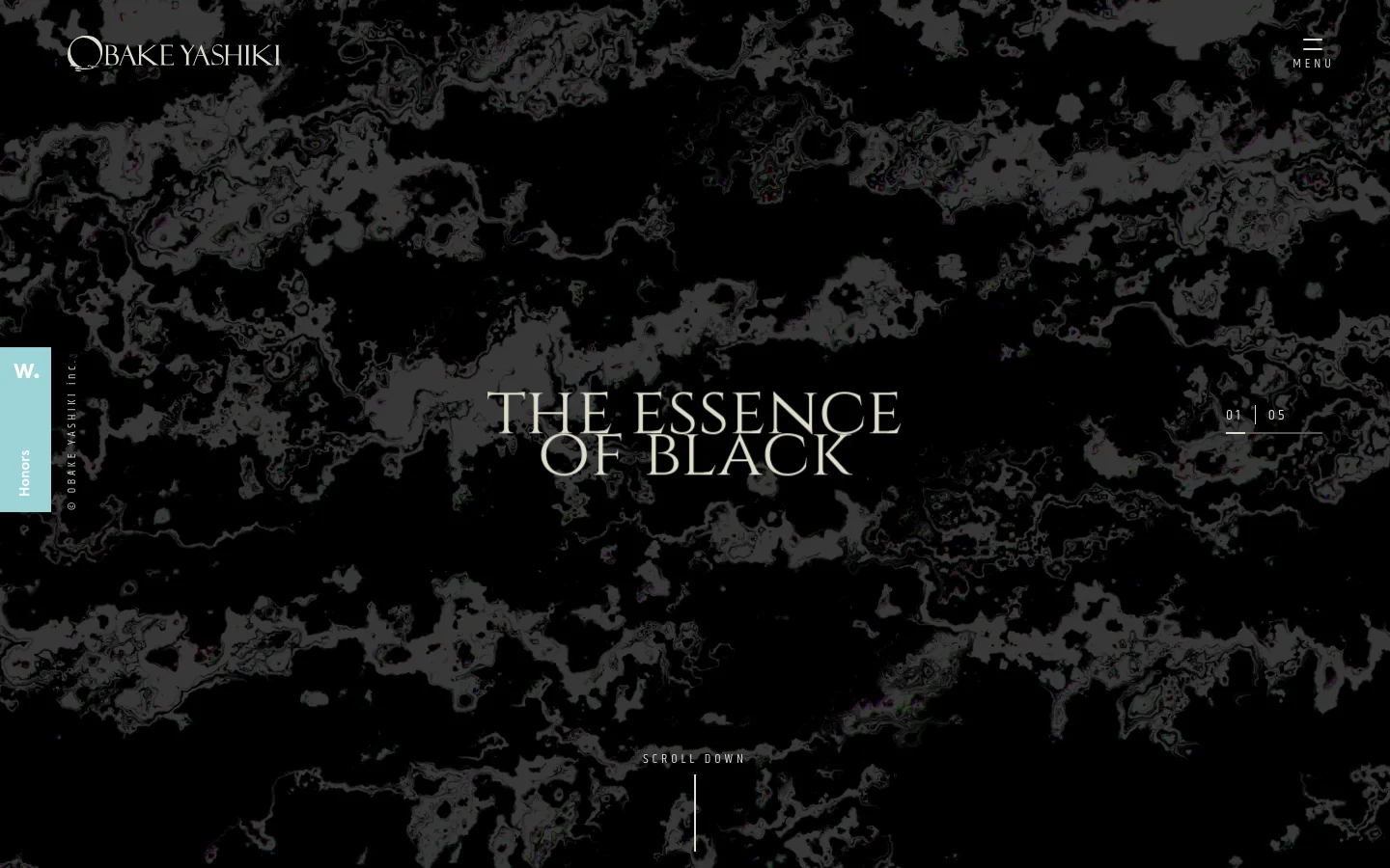 A minimalist desktop homepage featuring a dark, abstract liquid-like texture in shades of black and grey. The center displays the large serif headline 'THE ESSENCE OF BLACK', with a small menu icon in the top right and a 'SCROLL DOWN' indicator at the bottom. The layout is spacious and cinematic, emphasizing a high-end creative agency aesthetic.