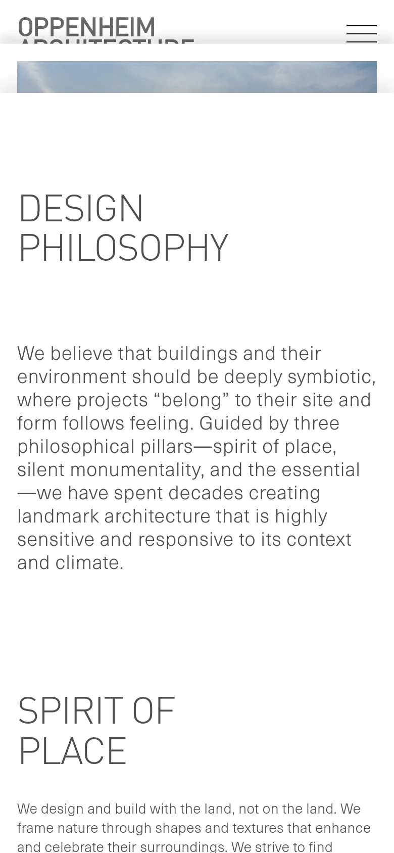The mobile version maintains the minimalist white and grey aesthetic but uses a single-column vertical layout. The 'DESIGN PHILOSOPHY' headline and introductory text are centered and stacked, with the navigation menu condensed into a hamburger icon at the top right.