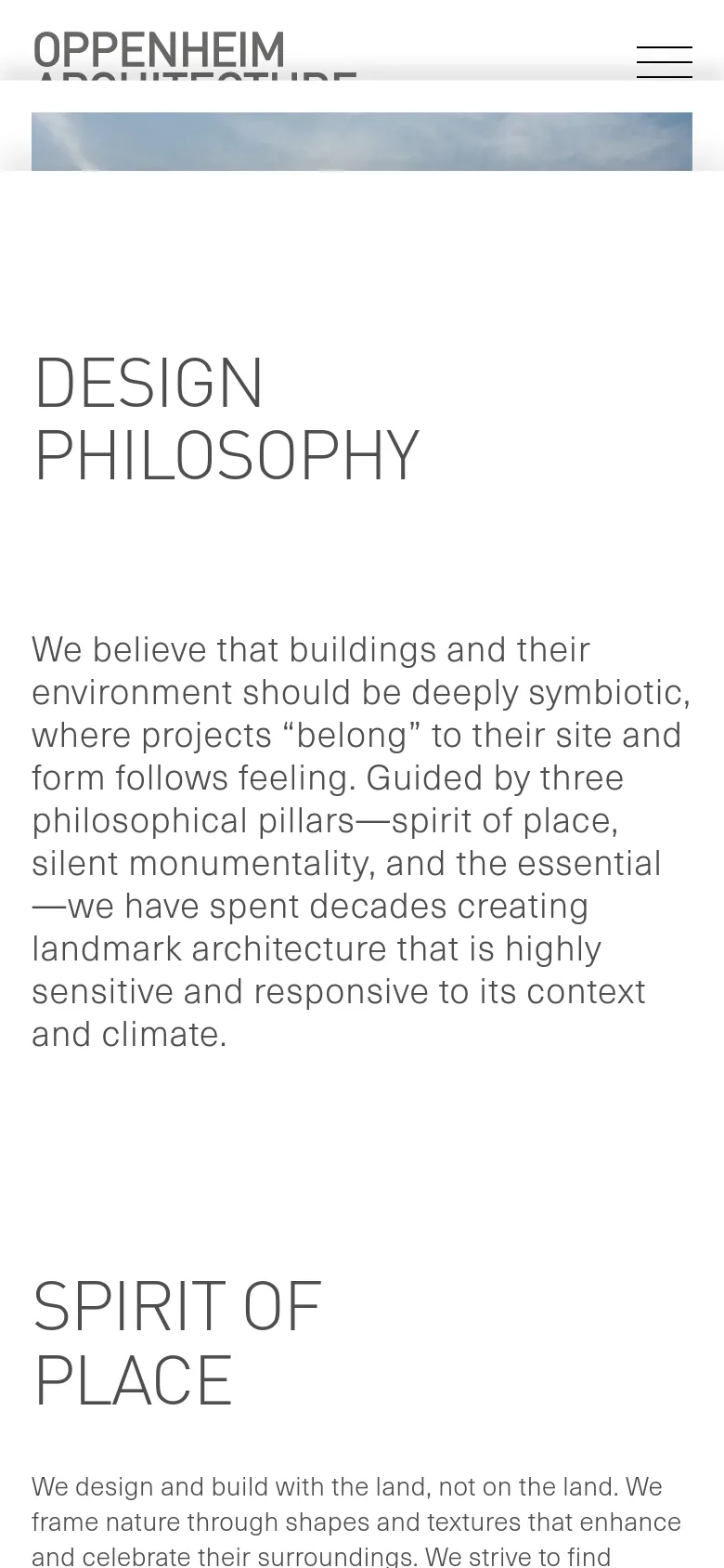 The mobile version maintains the minimalist white and grey aesthetic but uses a single-column vertical layout. The 'DESIGN PHILOSOPHY' headline and introductory text are centered and stacked, with the navigation menu condensed into a hamburger icon at the top right.