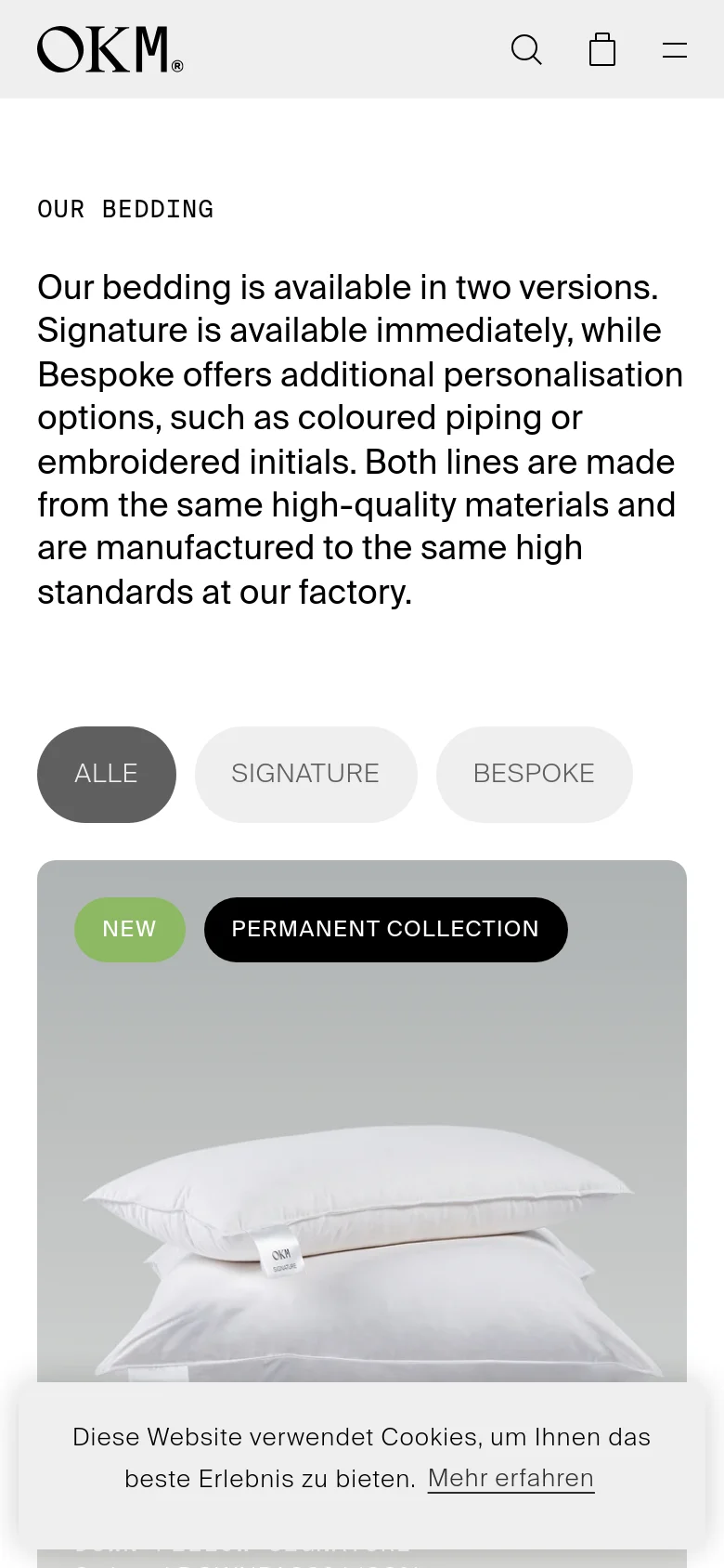 The mobile version maintains the minimalist aesthetic but uses a single-column vertical layout for easier scrolling. The introductory text and filter buttons are stacked vertically above the product cards, which appear as large, full-width images with text overlays and details positioned underneath.