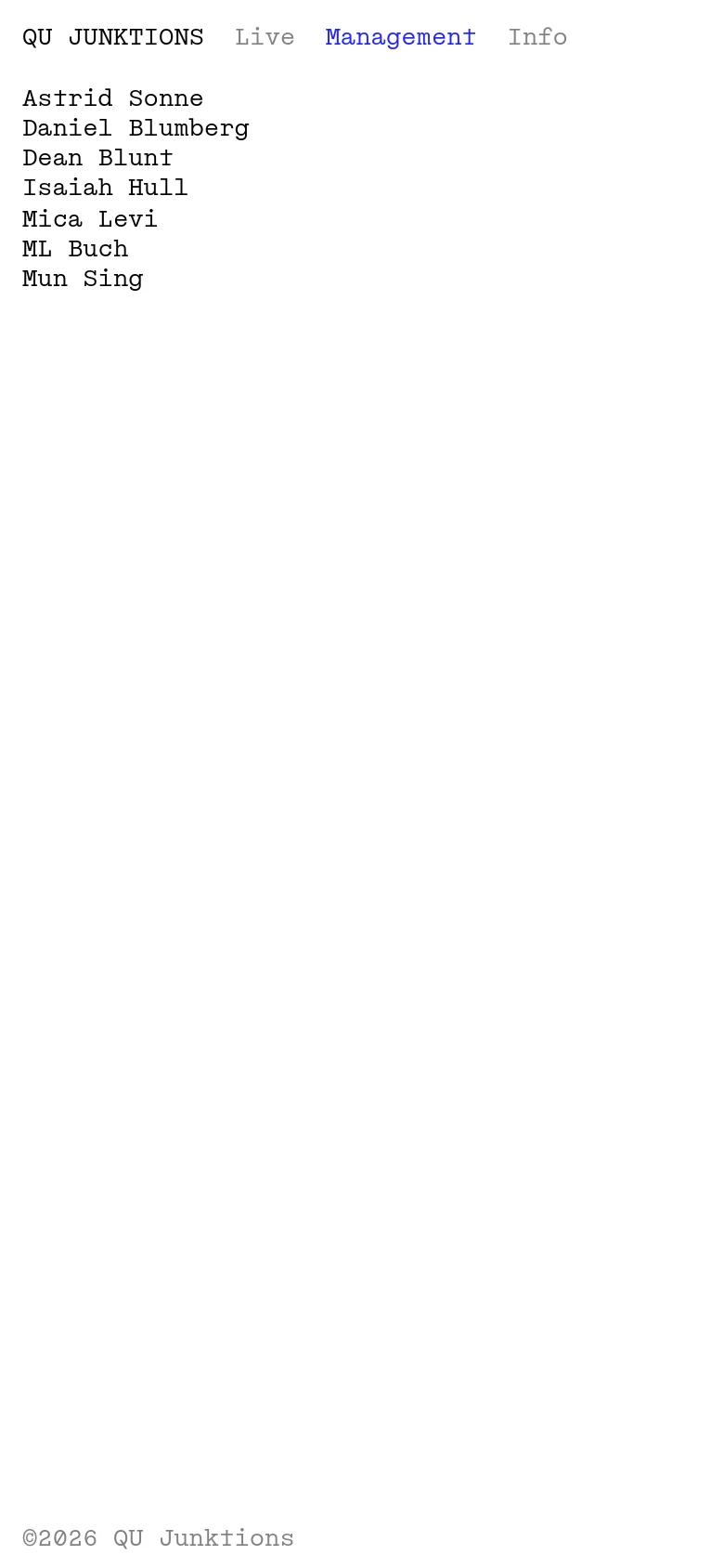 The mobile version maintains the minimalist aesthetic and monospaced typography on a white background. The layout is a single vertical column with the navigation links at the top and the list of managed artists below, appearing more condensed than the desktop view.