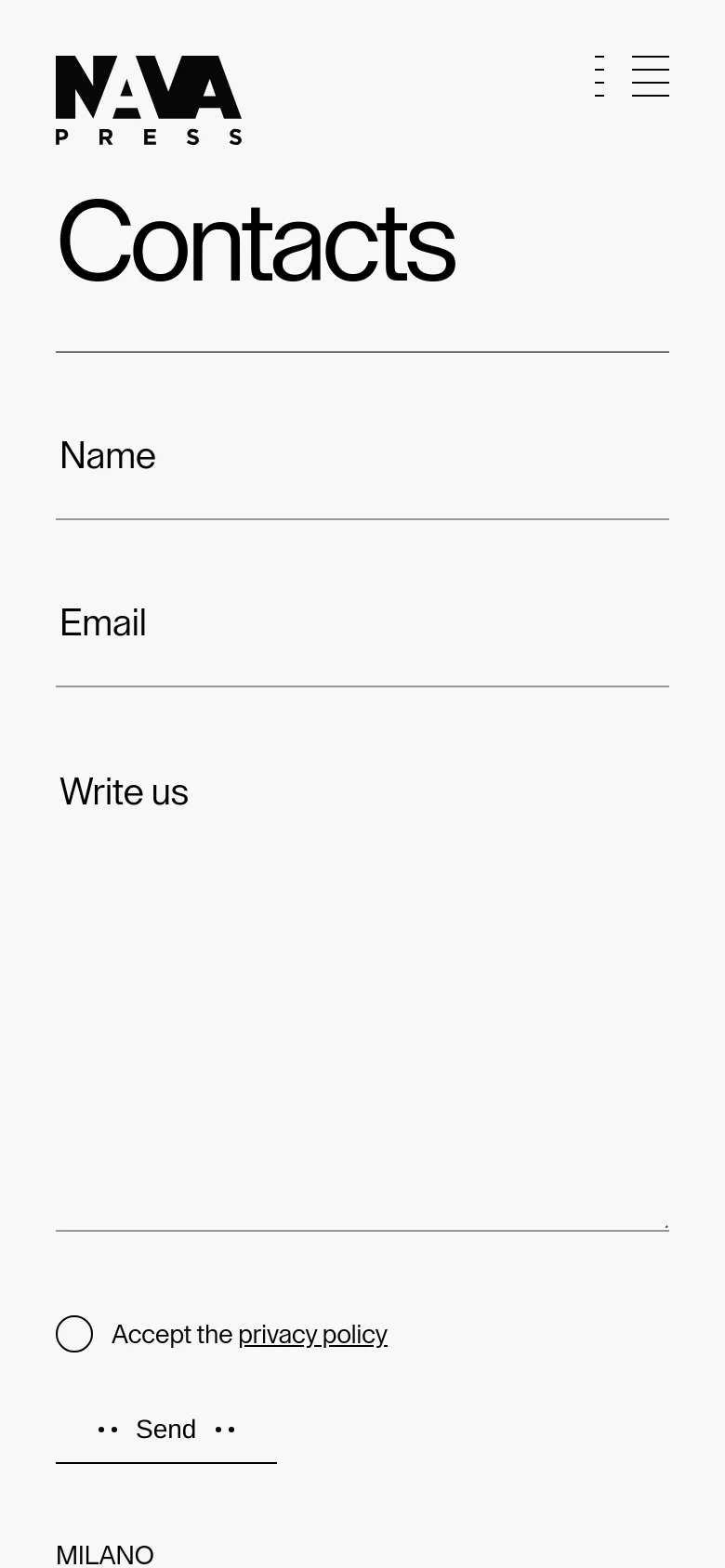 The mobile version presents a single-column vertical layout with the large 'Contacts' heading at the top. The contact form fields for Name, Email, and 'Write us' are stacked vertically, followed by the office location details below the form.