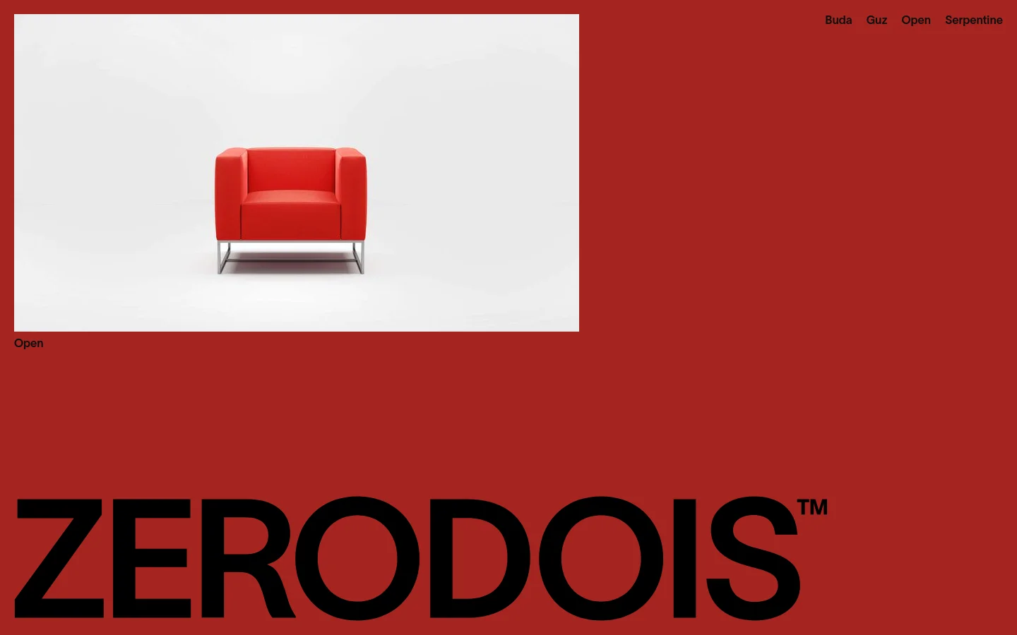 The ZERODOIS homepage features a minimalist design with a bold red background and large black typography. A hero section displays a high-quality photograph of a red armchair on a white background, with navigation links for Buda, Guz, Open, and Serpentine at the top right. The large brand name 'ZERODOIS' is prominently displayed at the bottom.