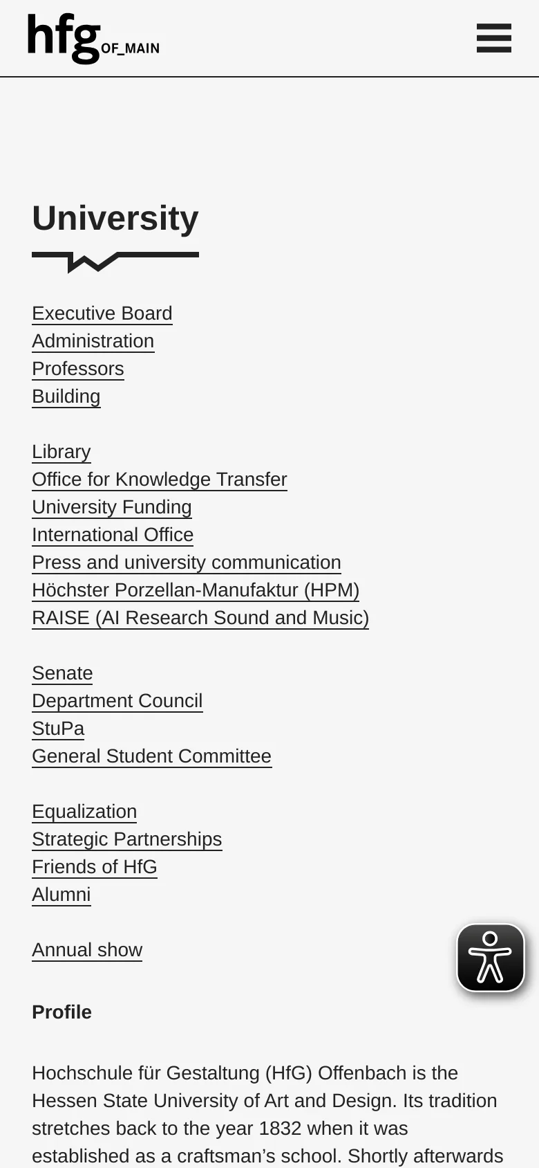 HfG Offenbach About Us mobile website screenshot