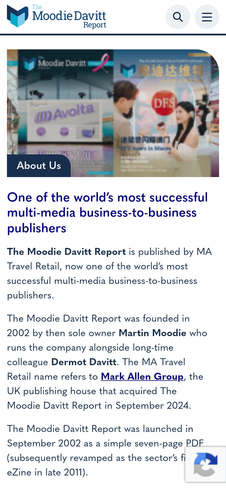 The mobile version presents a vertically stacked layout, starting with the Moodie Davitt Report logo and a condensed header containing a search icon and a hamburger menu. The hero image is a square-cropped version of the magazine collage with the 'About Us' label, followed by the main headline and body text which flows in a single column for easier scrolling.
