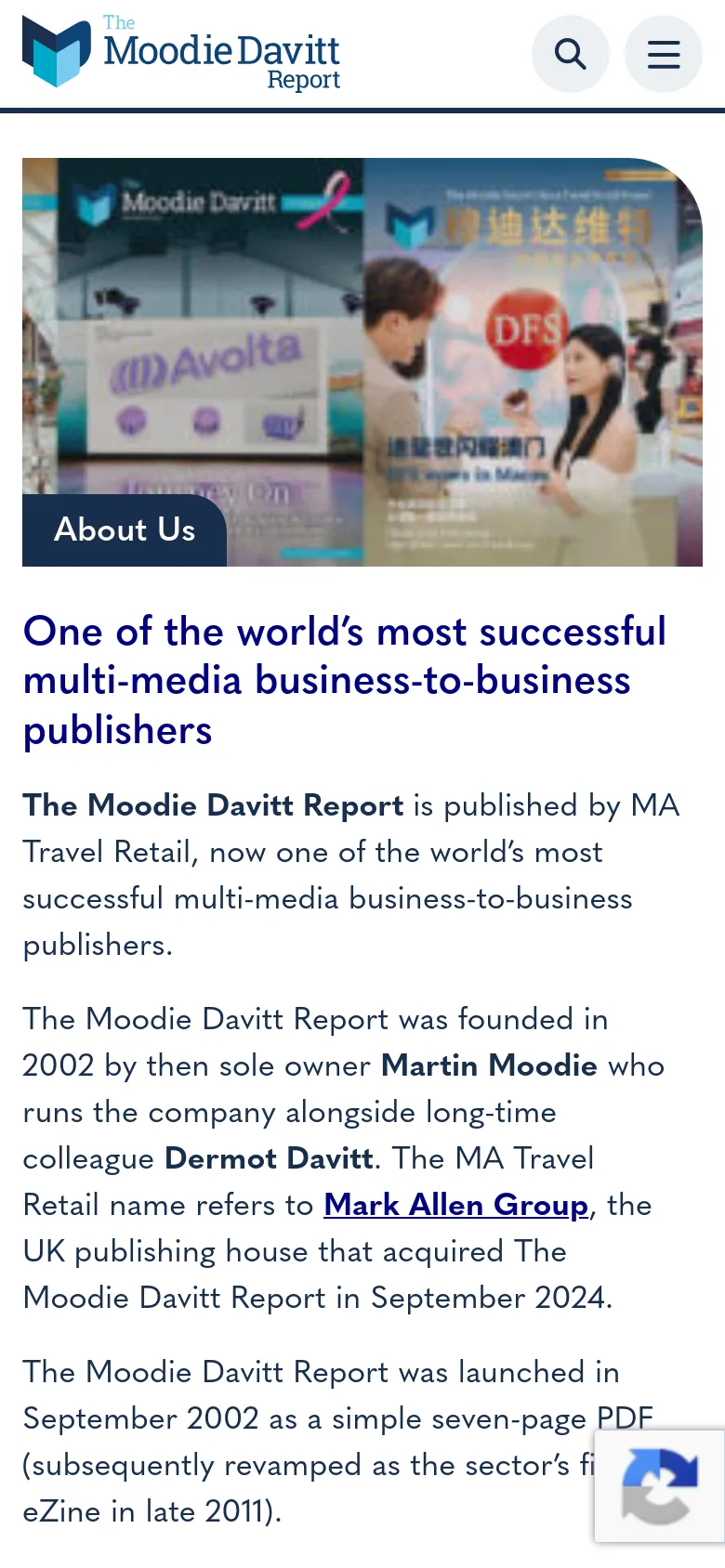 The mobile version presents a vertically stacked layout, starting with the Moodie Davitt Report logo and a condensed header containing a search icon and a hamburger menu. The hero image is a square-cropped version of the magazine collage with the 'About Us' label, followed by the main headline and body text which flows in a single column for easier scrolling.