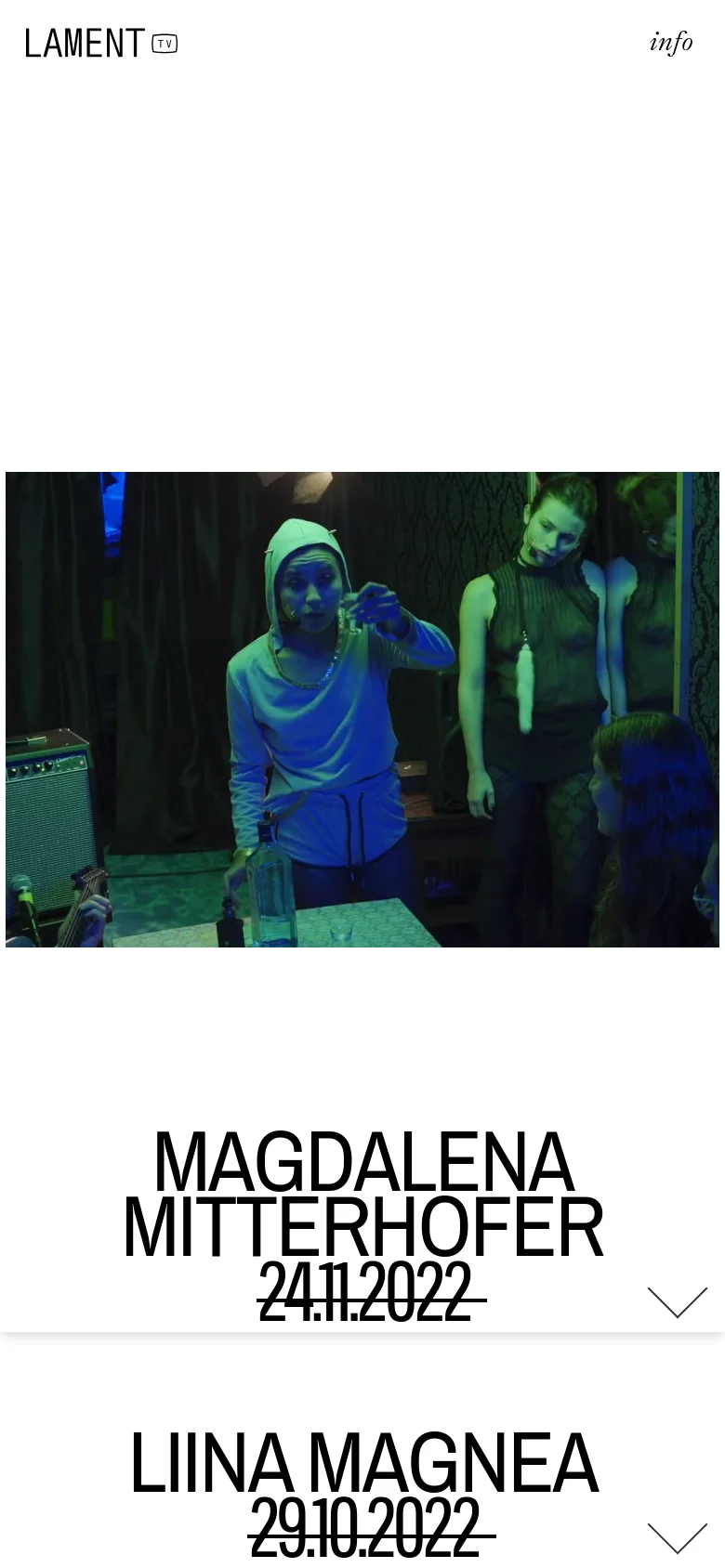 The mobile version maintains the minimalist white layout but scales the content vertically. The LAMENT.TV logo and 'info' link are at the top, followed by the large cinematic video still, with the bold performer names and dates stacked vertically below it for easier scrolling.