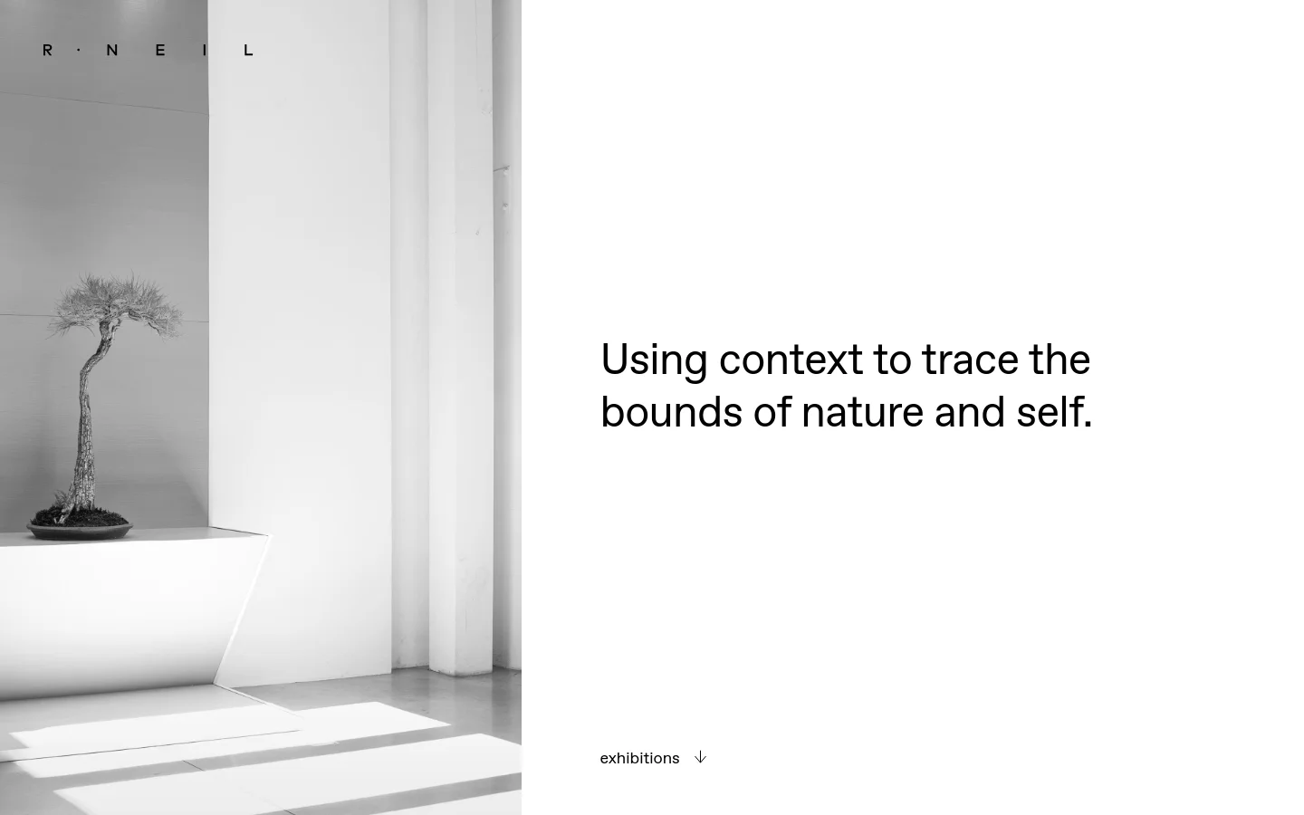 The desktop homepage features a minimalist white background with a large black headline reading 'Using context to trace the bounds of nature and self.' To the left is a vertical black and white photograph of a bonsai tree on a pedestal in a bright, architectural space. Navigation links for 'work' and 'about' are at the top, and an 'exhibitions' prompt with a down arrow is at the bottom.