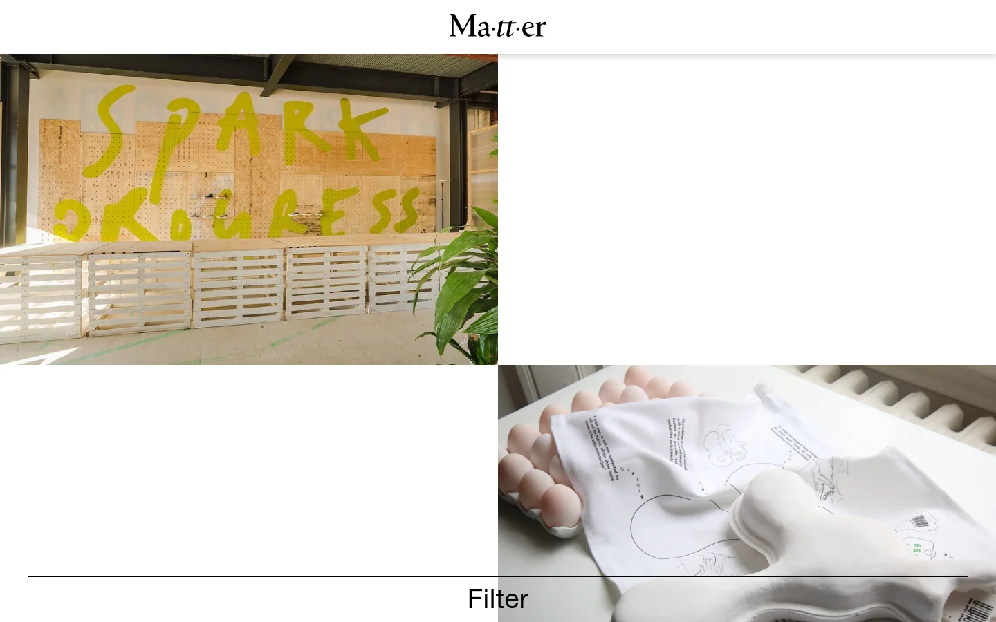 The desktop page features a minimalist white layout with the Ma-tt-er logo at the top center. Below the header, a large grid displays project work, starting with a collaboration titled 'Converse x Seen Displays x Ma-tt-er' and 'Converse RENEW,' accompanied by large, high-quality images of industrial-style settings and material close-ups.