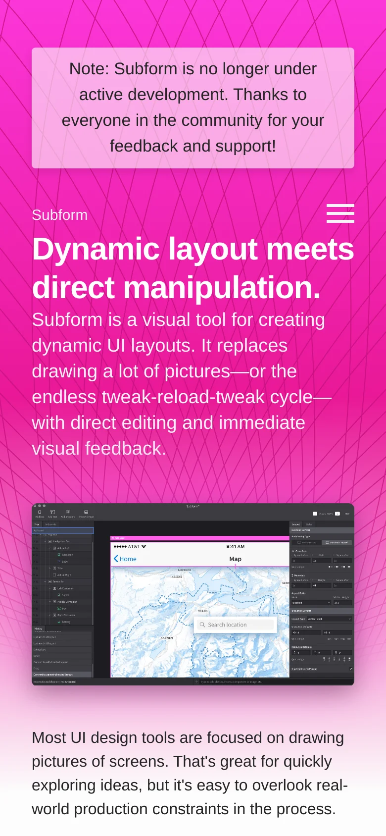 The mobile version uses the same magenta gradient background but stacks the content vertically for a narrow viewport. The navigation menu is collapsed into a white hamburger icon, and the hero text is scaled down to fit the screen width above a smaller version of the application screenshot.