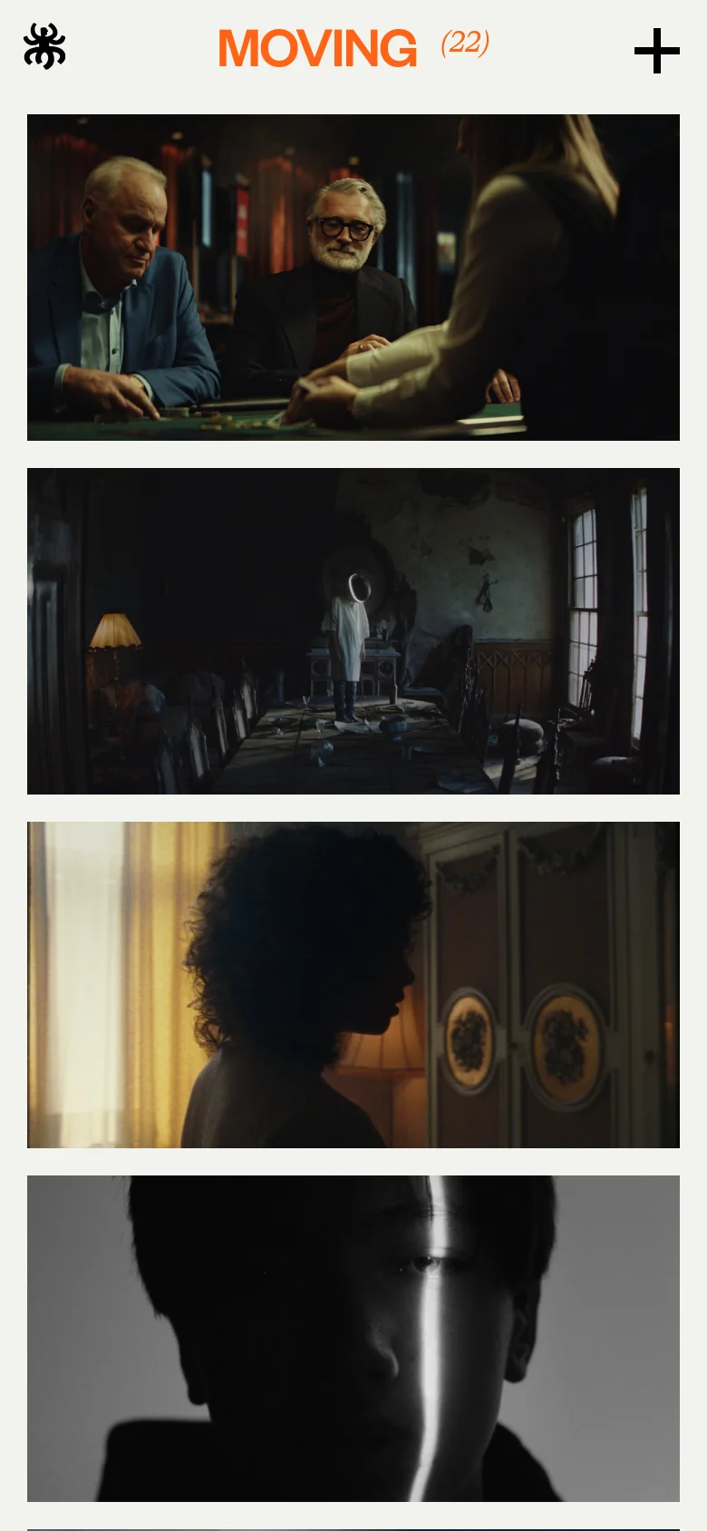 The mobile version maintains the minimalist white and black aesthetic but shifts to a vertical, single-column layout. The large cinematic film stills are stacked vertically, filling the width of the screen, with the navigation bar simplified to a large plus icon and the 'MOVING (22)' title at the top.