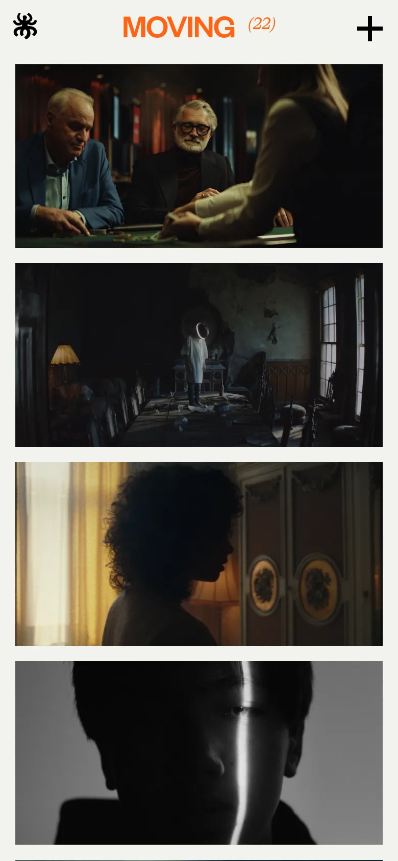 The mobile version maintains the minimalist white and black aesthetic but shifts to a vertical, single-column layout. The large cinematic film stills are stacked vertically, filling the width of the screen, with the navigation bar simplified to a large plus icon and the 'MOVING (22)' title at the top.