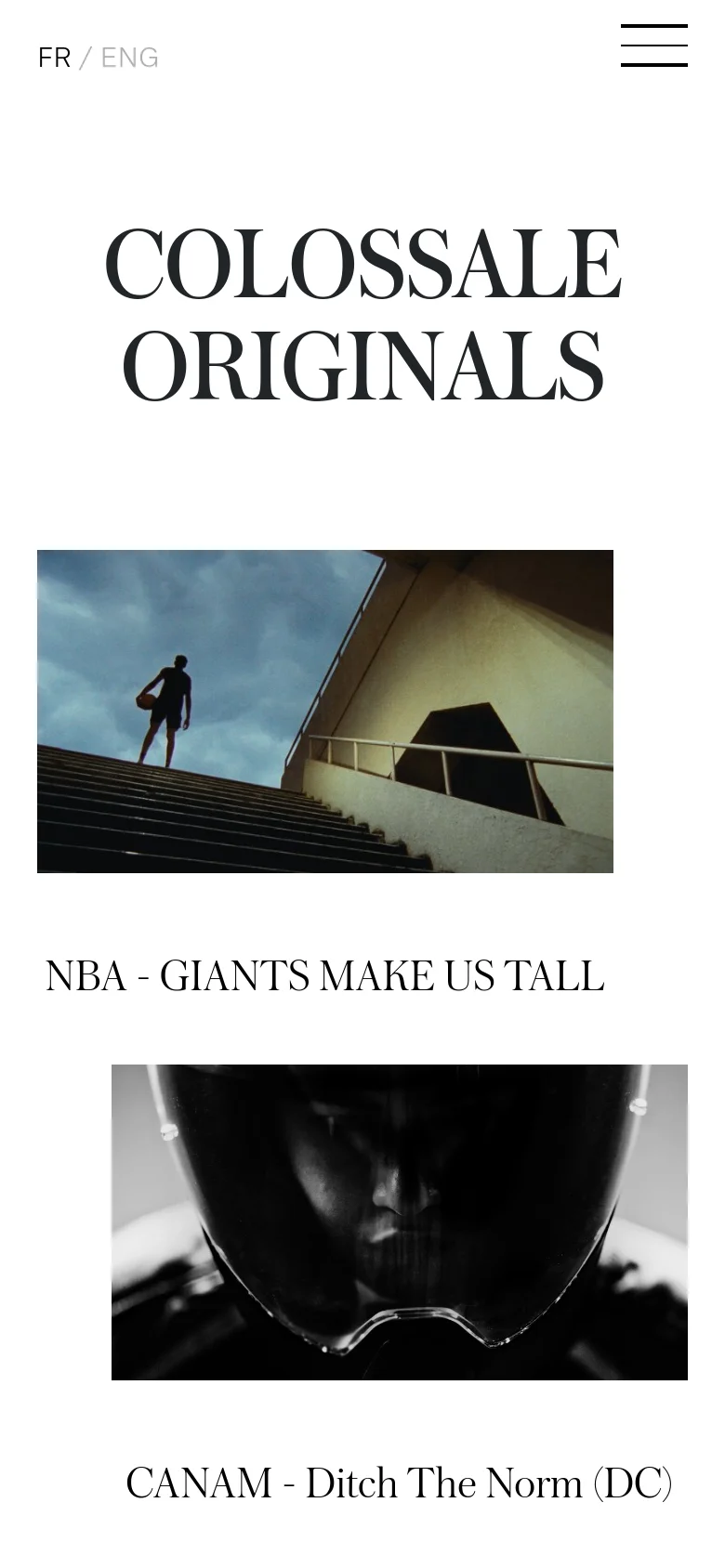 The mobile version presents a single-column vertical layout of the same content. The large 'COLOSSALE ORIGINALS' headline is centered above large, full-width project images and titles. The top navigation is simplified with a hamburger menu icon on the right and language options on the left.