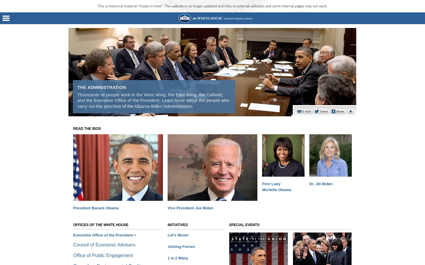 The desktop page features a large hero image of a meeting around a conference table, overlaid with a blue text box titled 'The Administration.' Below, a grid of portrait photos includes President Barack Obama, Vice President Joe Biden, First Lady Michelle Obama, and Dr. Jill Biden, each with a text link. The layout uses a clean white background with blue accents and includes organized lists of White House offices and initiatives.