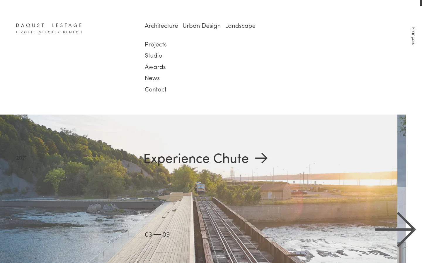 The desktop homepage features a minimalist white header with the Daoust Lestage logo and navigation links for Architecture, Urban Design, Landscape, Projects, Studio, Awards, News, and Contact. The main content is a full-width image slider showcasing large-scale architectural and landscape projects, such as 'Experience Chute,' with large typography and directional arrows for navigation.