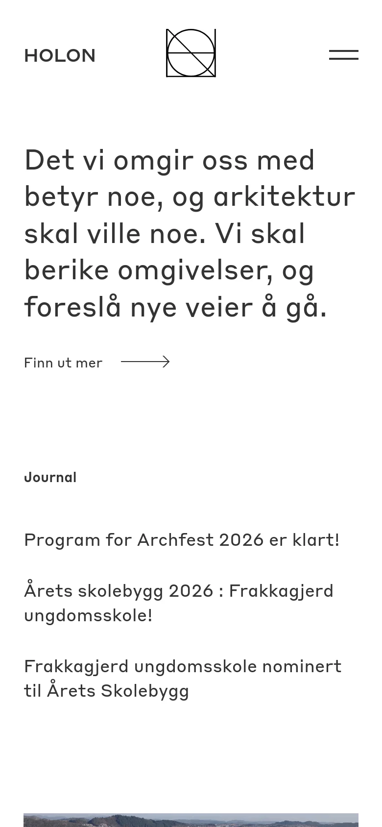 The mobile version maintains the minimalist white and black aesthetic but transitions to a single-column layout. The headline text is stacked vertically, and the 'Journal' news items are arranged in a vertical list rather than columns to fit the narrower screen.