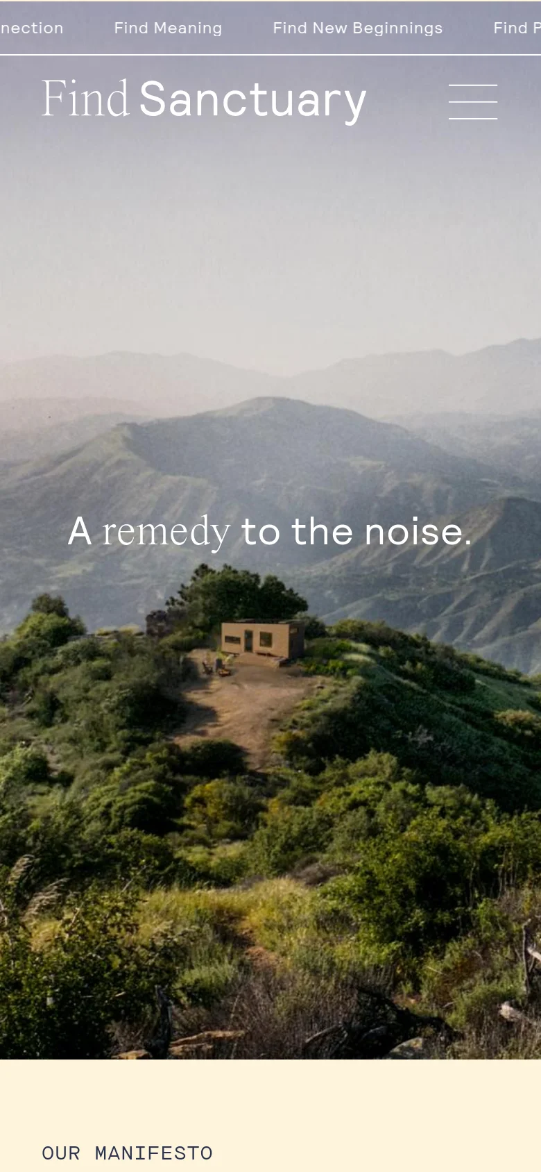 The mobile version shows a vertically oriented version of the mountain landscape hero image. The navigation is condensed into a hamburger menu icon on the top right, and the 'Find Sanctuary' logo is prominently displayed at the top left. The headline 'A remedy to the noise' is centered in the middle of the screen.