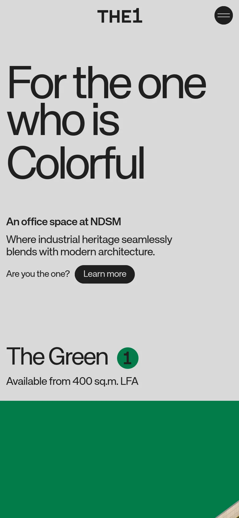 The mobile version uses a single-column vertical layout with the same minimalist gray background and large bold text. The headline 'For the one who is Colorful' is centered above the NDSM office description and a 'Learn more' button. The colorful architectural image grid is stacked vertically, and the navigation menu is condensed into a hamburger icon.