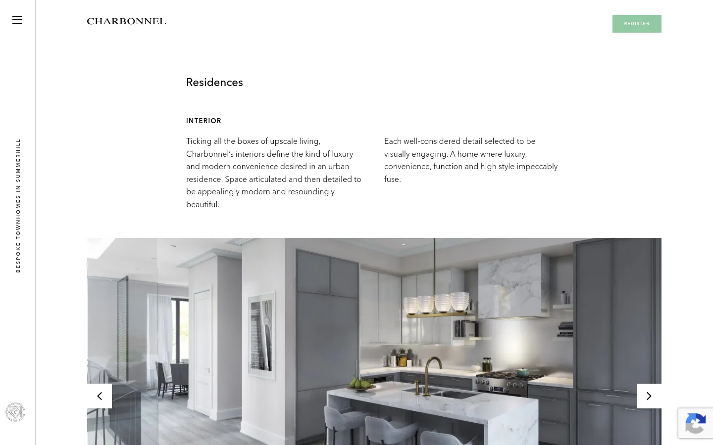 The desktop page for Charbonnel Residences features a minimalist white layout with the brand name at the top left and a light green 'Register' button at the top right. The main content includes the headline 'Residences' followed by two columns of text describing the luxury interiors, positioned above a large, wide-format image carousel showing a modern, bright kitchen with marble countertops and grey cabinetry.
