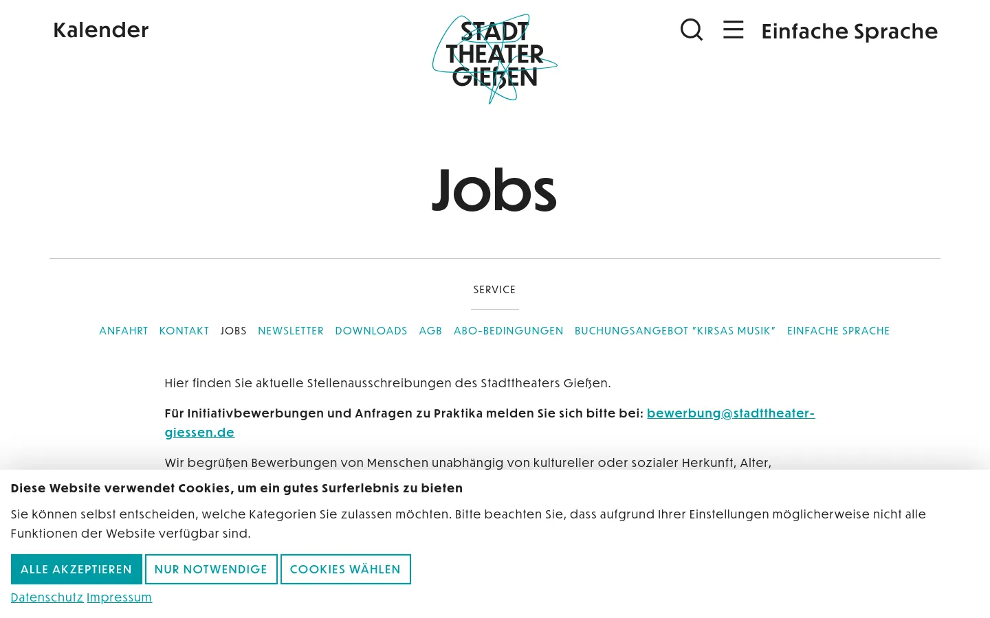 The desktop page features a clean, minimalist white background with the Stadttheater Gießen logo centered at the top. A large 'Jobs' headline sits below the logo, followed by a service navigation menu and text describing current job openings and contact information for applications.