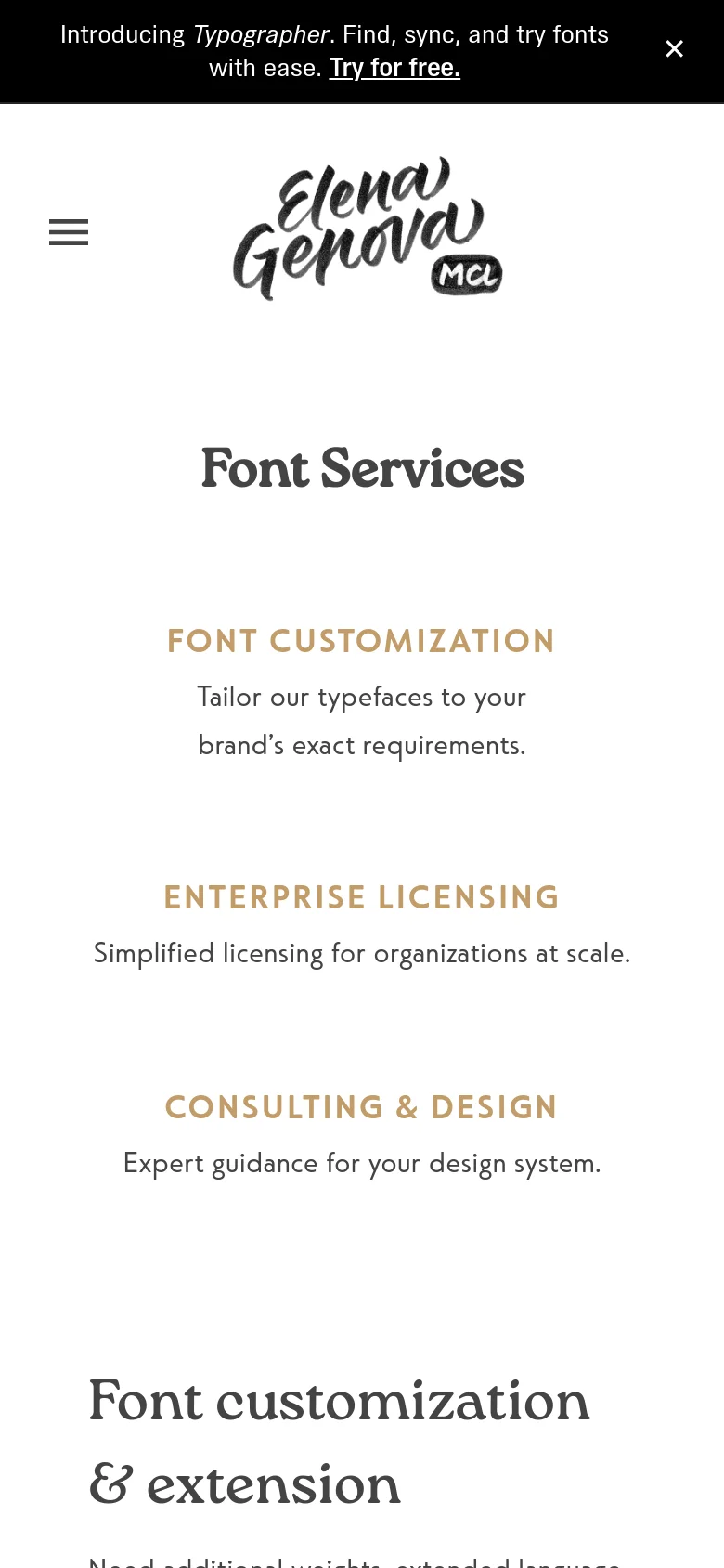 The mobile version uses a single-column vertical layout with a hamburger menu icon in the top left. The 'Font Services' headline and service descriptions are centered, and the three service categories are stacked vertically instead of being side-by-side. The color scheme remains white with black text and gold accents.