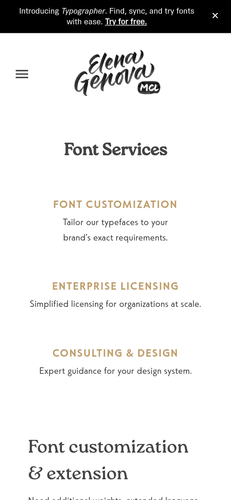 The mobile version uses a single-column vertical layout with a hamburger menu icon in the top left. The 'Font Services' headline and service descriptions are centered, and the three service categories are stacked vertically instead of being side-by-side. The color scheme remains white with black text and gold accents.