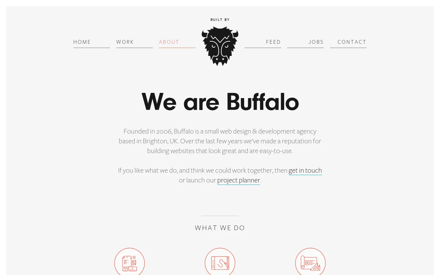 The desktop About page features a minimalist white layout with a central buffalo logo in the navigation menu. A large headline reads 'We are Buffalo' above a brief agency description, followed by a 'What We Do' section with circular red line icons.