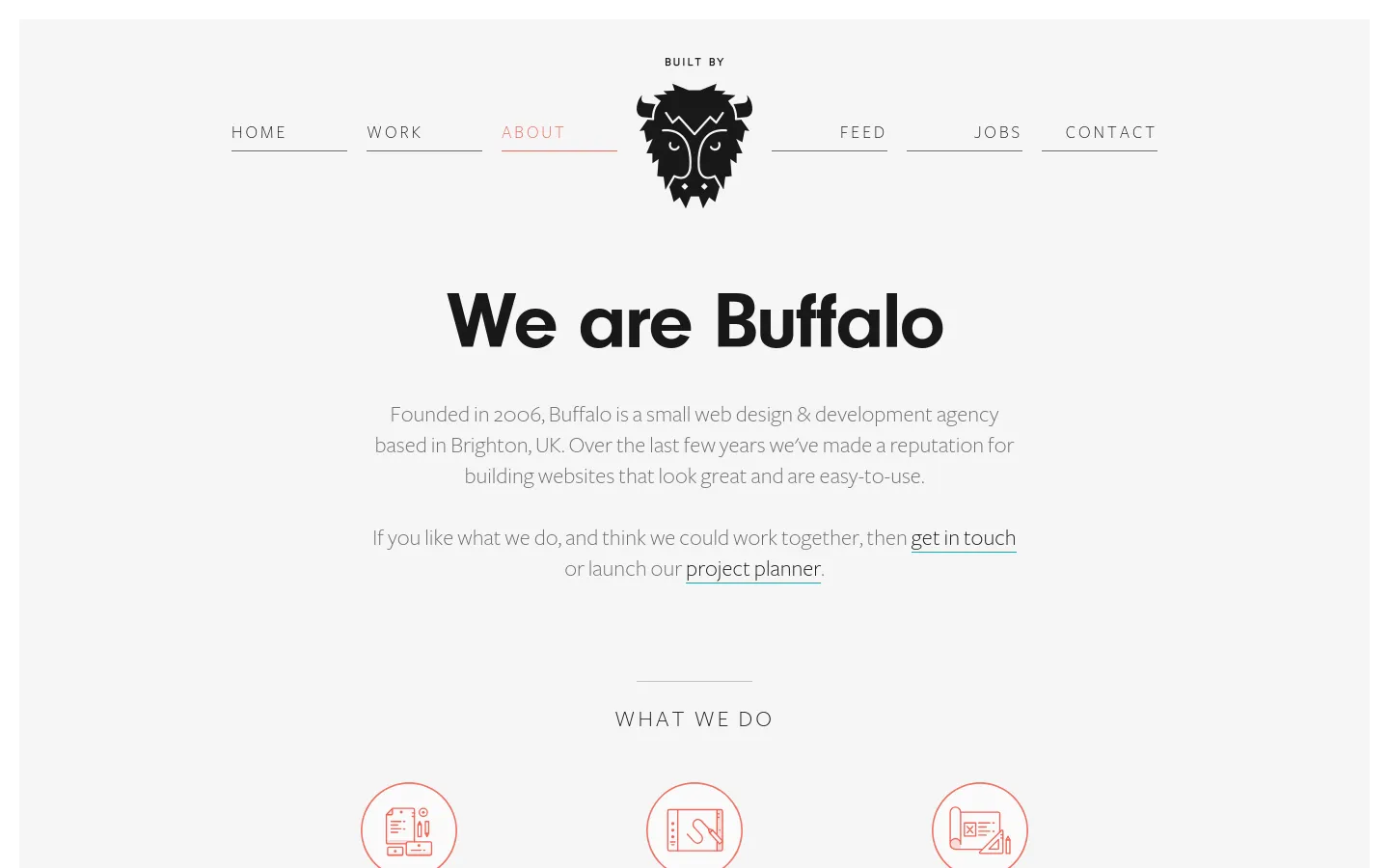 The desktop About page features a minimalist white layout with a central buffalo logo in the navigation menu. A large headline reads 'We are Buffalo' above a brief agency description, followed by a 'What We Do' section with circular red line icons.