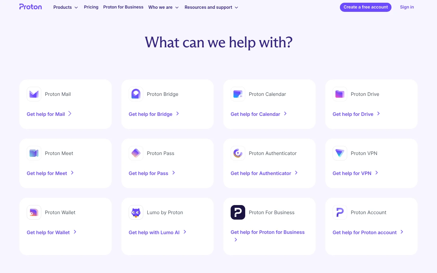 The desktop page features a clean, light purple background with the large headline 'What can we help with?'. Below the headline, a grid of white cards displays various Proton products like Proton Mail, Bridge, and Calendar, each with its icon, name, and a 'Get help for...' call to action link. The top navigation bar includes the Proton logo and dropdown menus for Products, Pricing, and more.