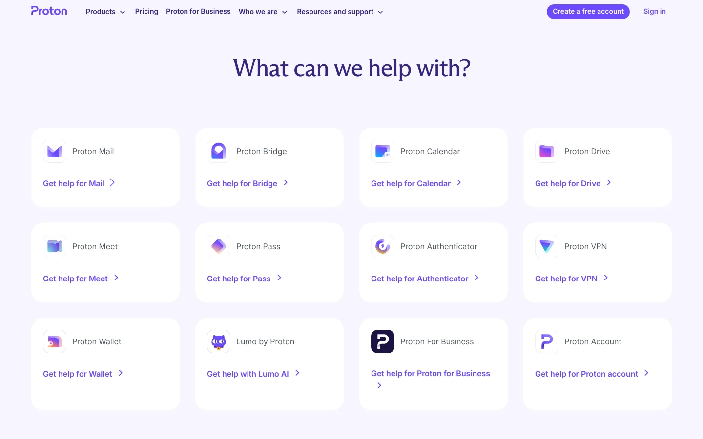 The desktop page features a clean, light purple background with the large headline 'What can we help with?'. Below the headline, a grid of white cards displays various Proton products like Proton Mail, Bridge, and Calendar, each with its icon, name, and a 'Get help for...' call to action link. The top navigation bar includes the Proton logo and dropdown menus for Products, Pricing, and more.
