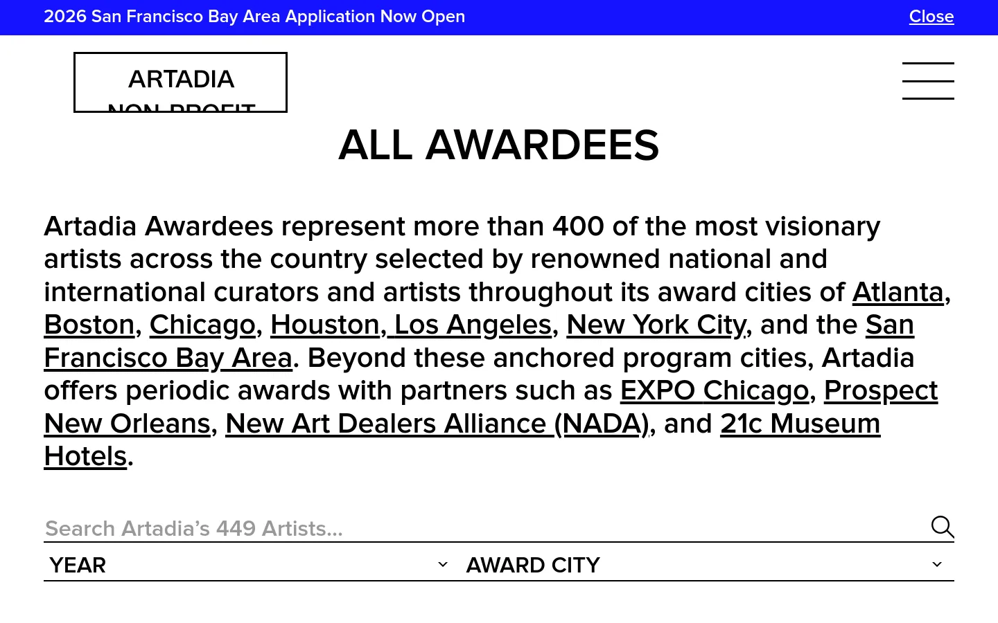 The desktop page features a clean white background with a blue announcement banner at the top. The headline 'ALL AWARDEES' is centered above a large block of text describing Artadia's awardees and partner cities, followed by a search bar and dropdown filters for 'YEAR' and 'AWARD CITY'.