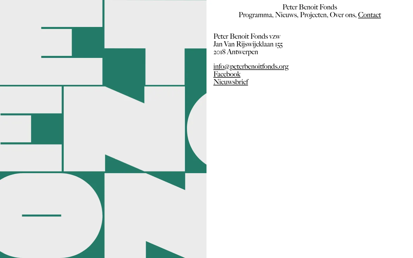 The desktop contact page features a minimalist layout with a large, abstract geometric graphic in teal and light grey on the left side. On the right, the Peter Benoit Fonds logo and navigation menu sit above the contact details, including the organization's address, email, Facebook link, and newsletter link.