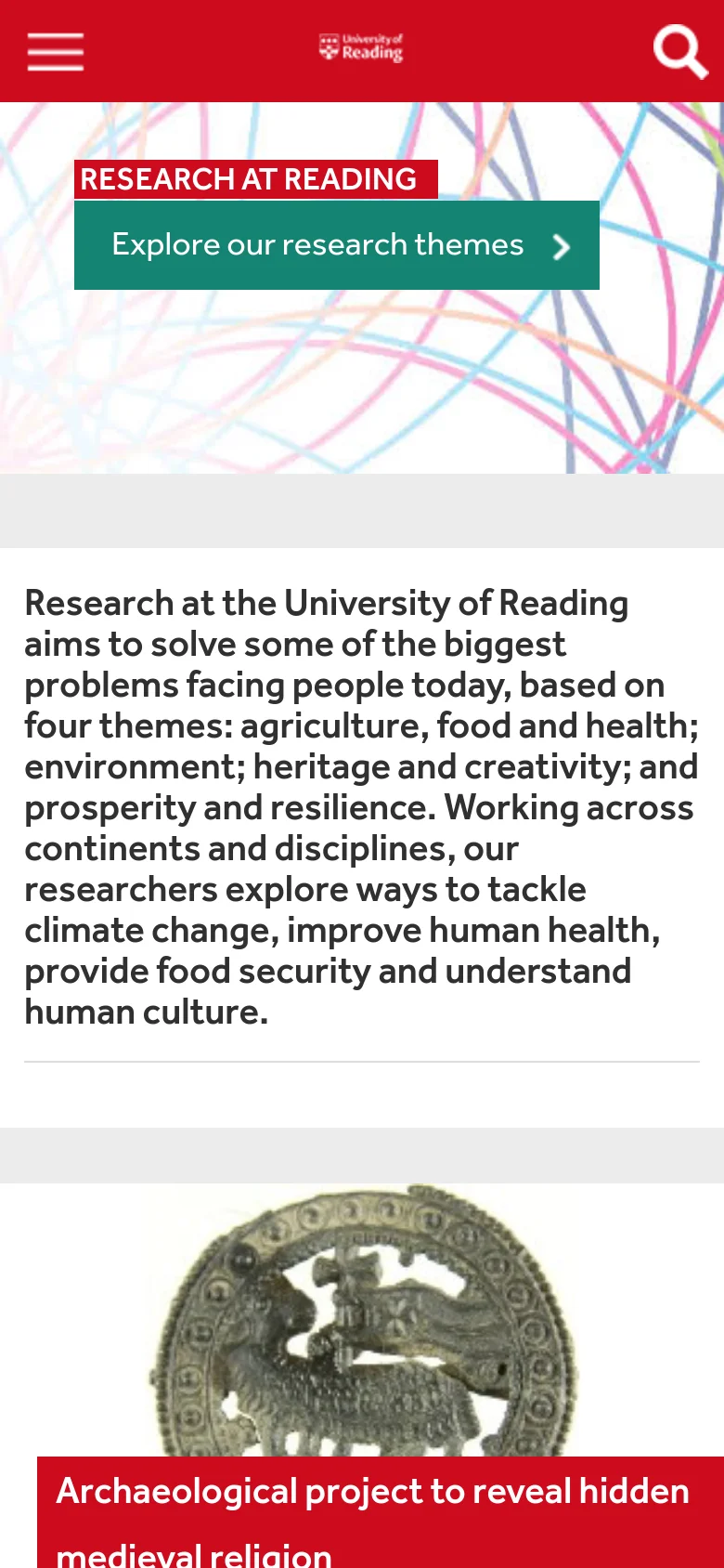 The mobile version presents a simplified layout with a red header containing a hamburger menu, the university logo, and a search icon. The hero section shows the same colorful abstract lines and the 'Explore our research themes' button, but the text and images are stacked vertically for a narrow viewport.