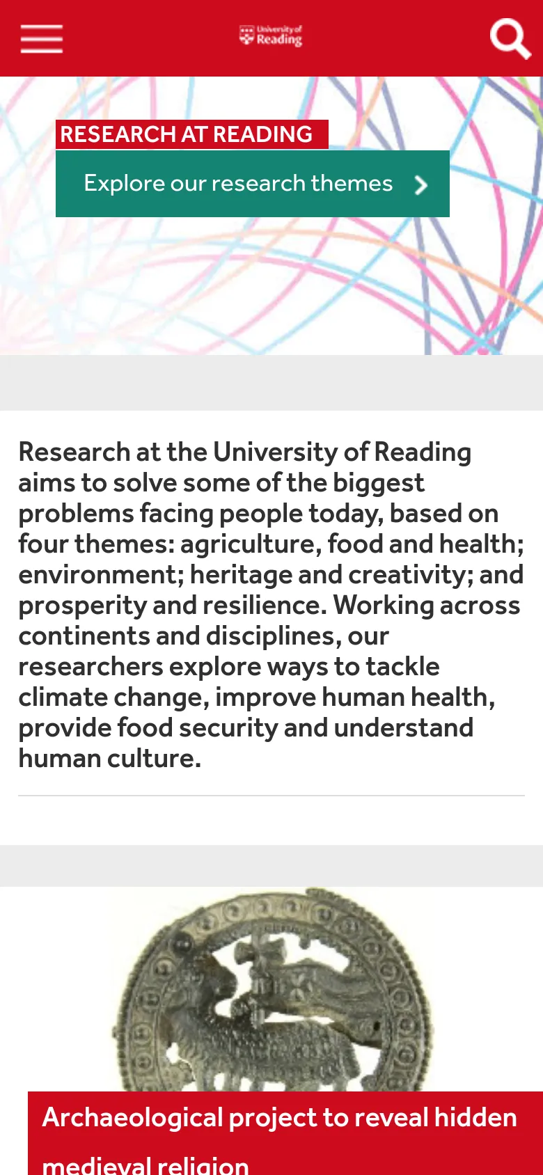 The mobile version presents a simplified layout with a red header containing a hamburger menu, the university logo, and a search icon. The hero section shows the same colorful abstract lines and the 'Explore our research themes' button, but the text and images are stacked vertically for a narrow viewport.