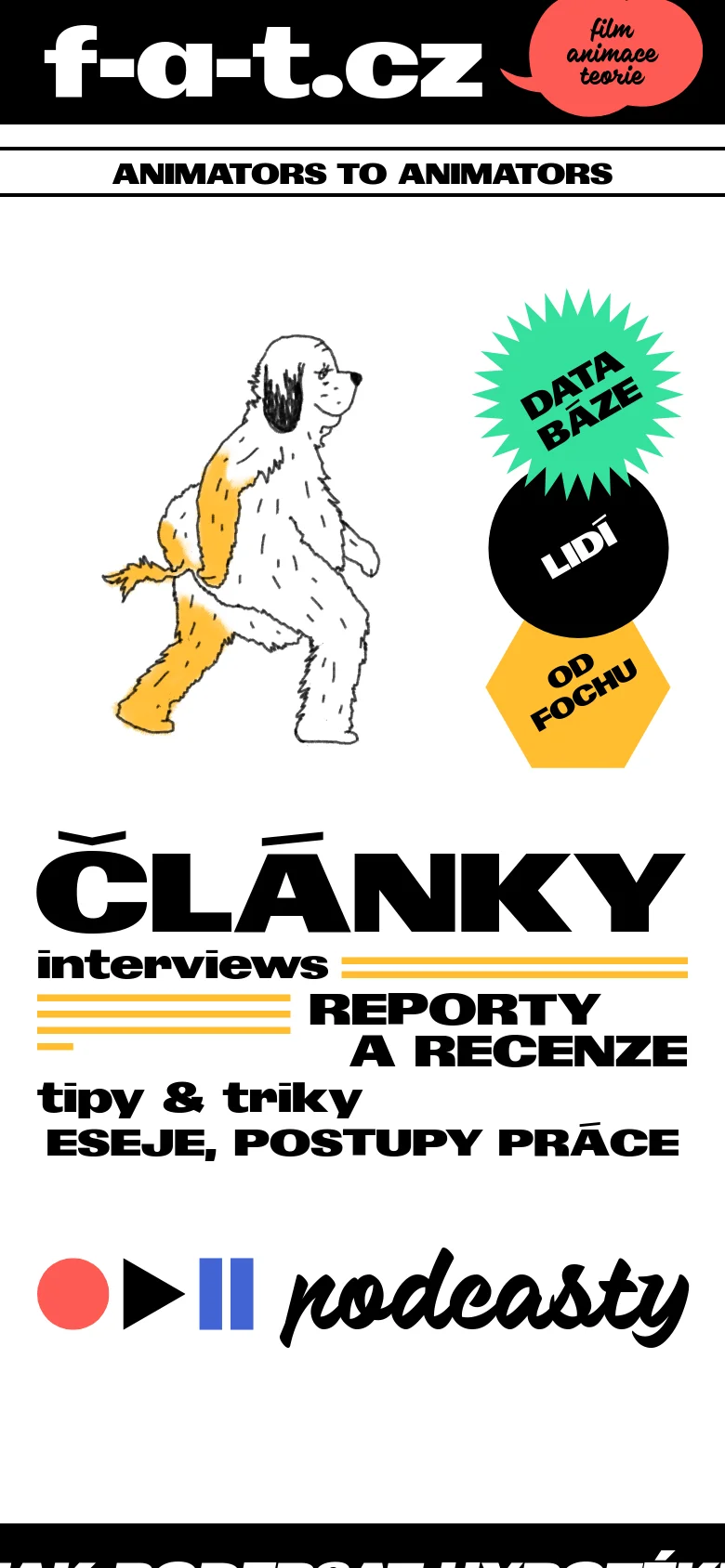 The mobile version maintains the high-contrast black and white theme but reconfigures the layout into a vertical stack. The creature illustration is centered above the colorful geometric navigation buttons, and the large category text links follow in a single column for easier scrolling.