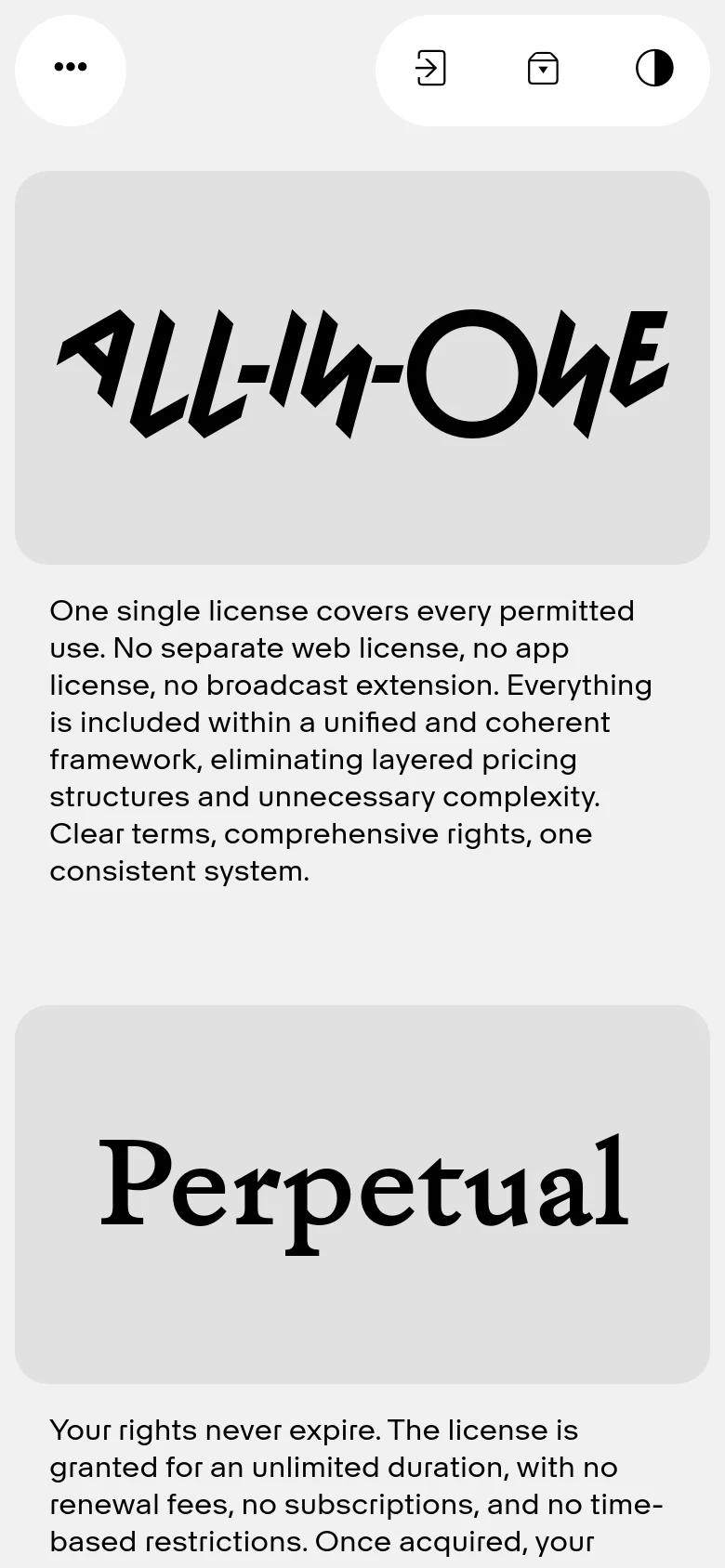The mobile version maintains the minimalist aesthetic but uses a vertical stack layout. The large 'ALL-IN-ONE' graphic and its descriptive text appear first, followed by the 'Perpetual' section with its own large heading. The navigation and utility icons are repositioned to fit the narrower screen width.
