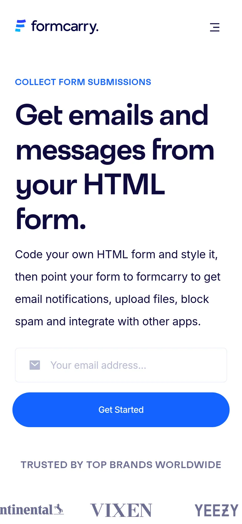 The mobile version simplifies the layout with a hamburger menu icon in the top right and a centered logo. The hero headline and text are stacked vertically to fit the narrow screen, followed by a prominent blue 'Get Started' button and a simplified brand logo marquee at the bottom.