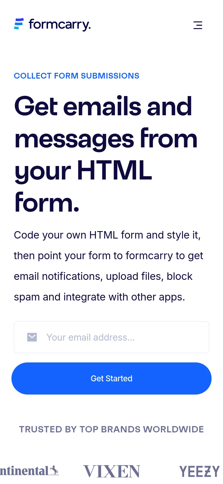 The mobile version simplifies the layout with a hamburger menu icon in the top right and a centered logo. The hero headline and text are stacked vertically to fit the narrow screen, followed by a prominent blue 'Get Started' button and a simplified brand logo marquee at the bottom.