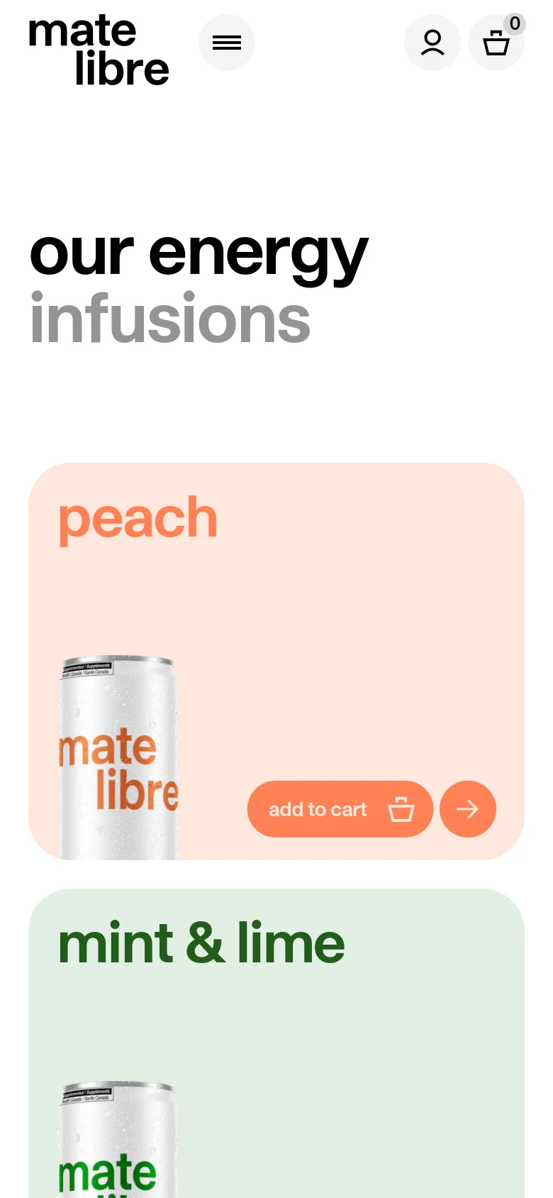 The mobile version presents a single-column vertical layout of the product cards. The large 'our energy infusions' headline is centered at the top, followed by large, stacked cards for each flavor featuring prominent text and call-to-action buttons.