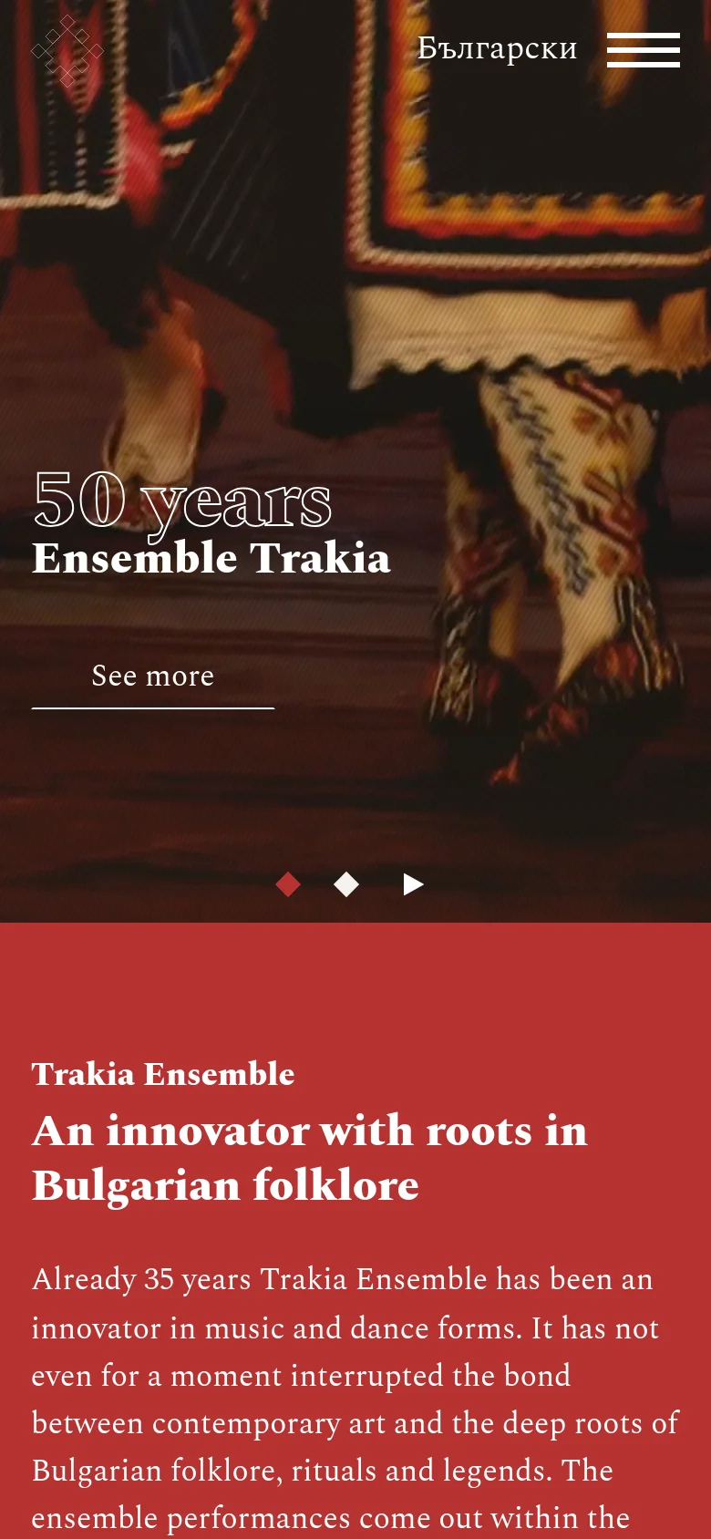The mobile version presents a vertically stacked layout starting with a hero image of dancers and the '50 years Ensemble Trakia' headline. The navigation is condensed into a hamburger menu icon at the top right, while the main content area features large, readable text on a red background describing the ensemble's history and mission.