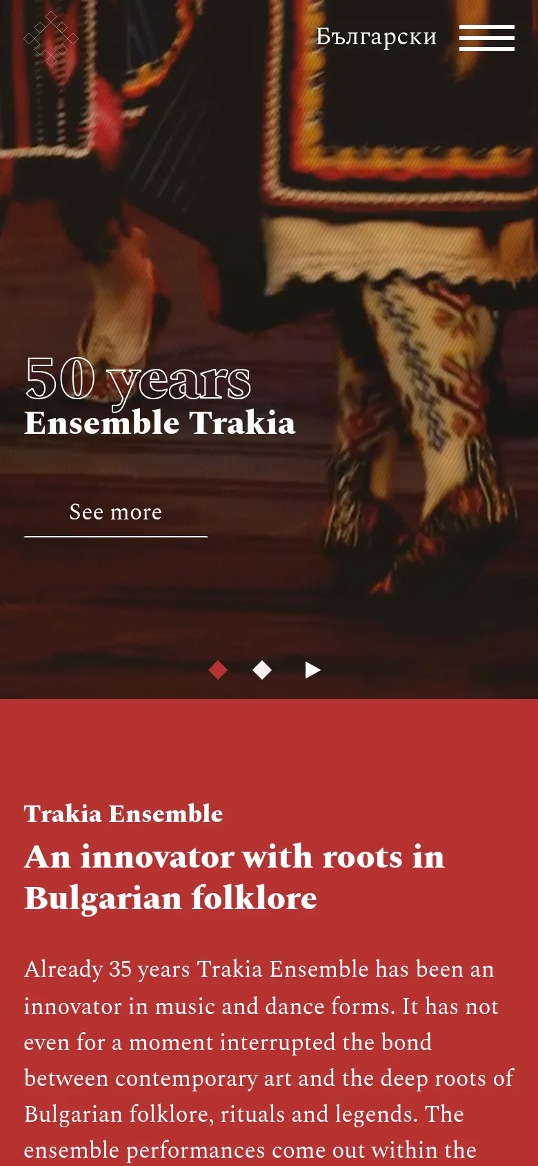 The mobile version presents a vertically stacked layout starting with a hero image of dancers and the '50 years Ensemble Trakia' headline. The navigation is condensed into a hamburger menu icon at the top right, while the main content area features large, readable text on a red background describing the ensemble's history and mission.
