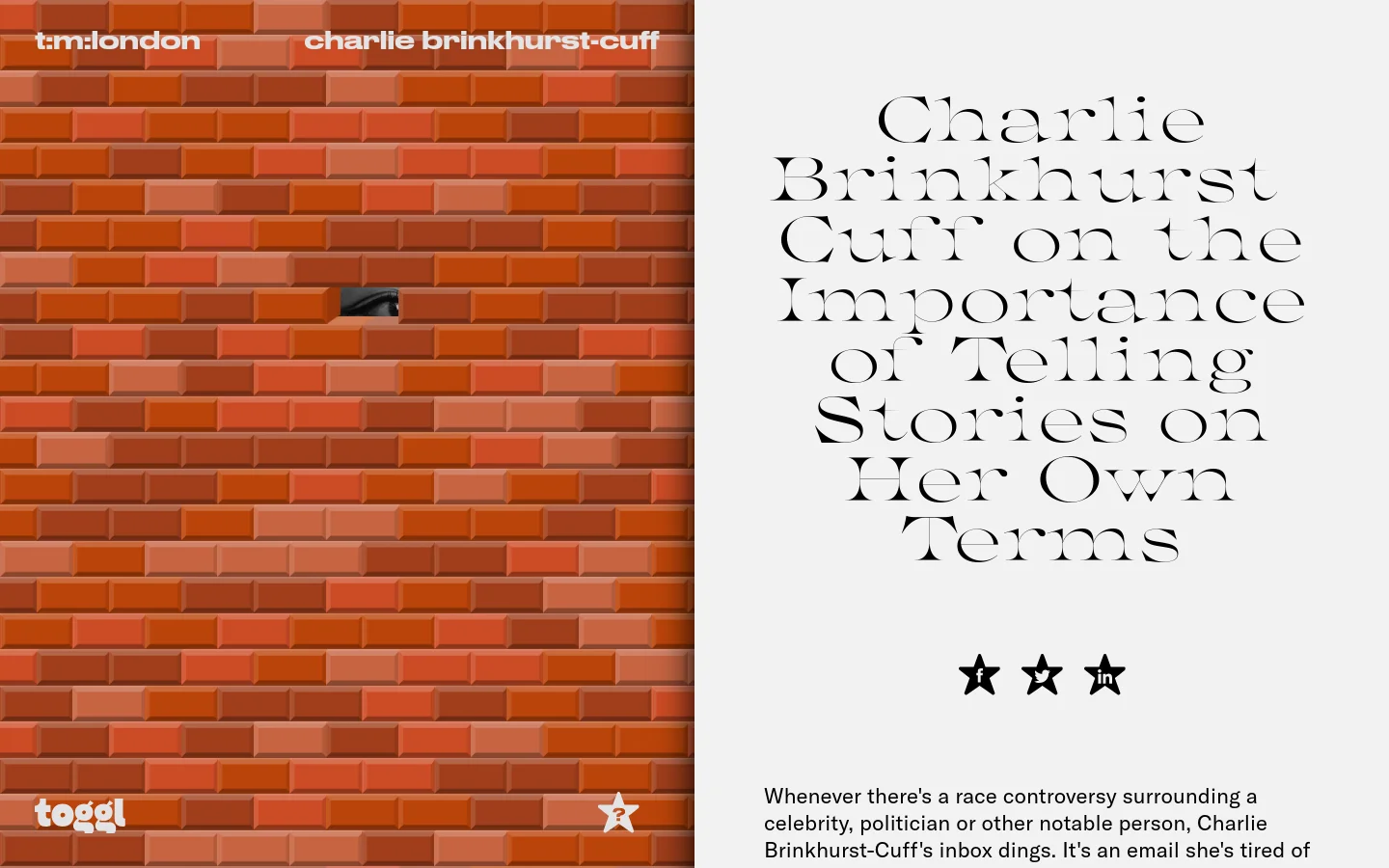 A digital magazine article layout featuring a large headline 'Charlie Brinkhurst-Cuff on the Importance of Telling Stories on Her Own Terms' in a stylized serif font. The left side shows a red brick wall graphic, while the right side uses a light grey background with black text and star icons. The Toggl logo is visible in the bottom left corner.