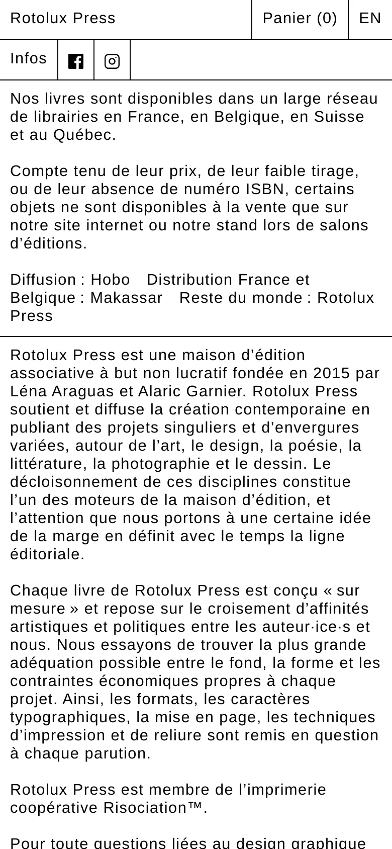 The mobile version presents a simplified, single-column vertical layout optimized for small screens. The navigation is condensed, with the brand name 'Rotolux Press' prominent at the top, followed by a simplified menu and the main text content flowing in a continuous vertical scroll.