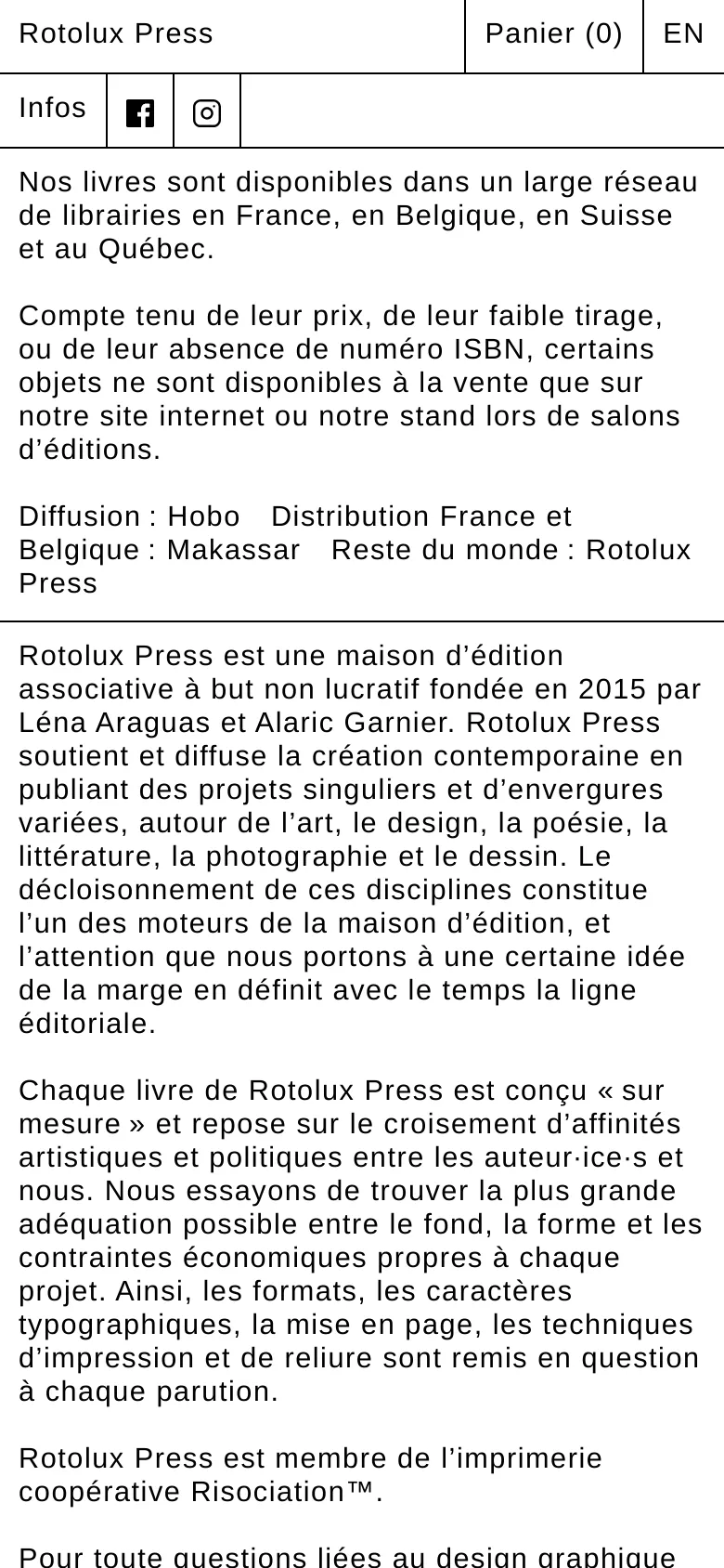 The mobile version presents a simplified, single-column vertical layout optimized for small screens. The navigation is condensed, with the brand name 'Rotolux Press' prominent at the top, followed by a simplified menu and the main text content flowing in a continuous vertical scroll.
