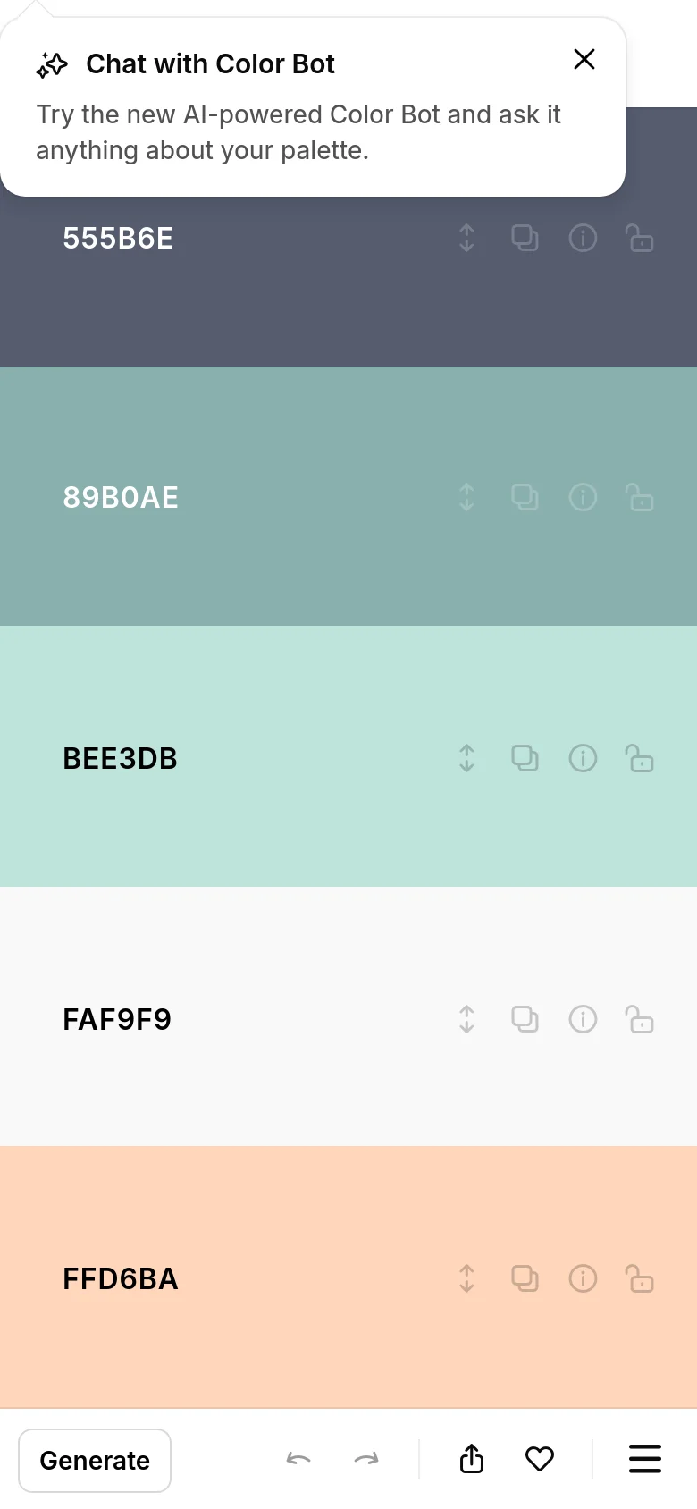 The mobile version presents the same vertical color strips, but the layout is optimized for a narrow screen, focusing on the hex codes and interaction icons within each color block. The top navigation is simplified, and a 'Generate' button is prominently fixed at the bottom left of the interface.