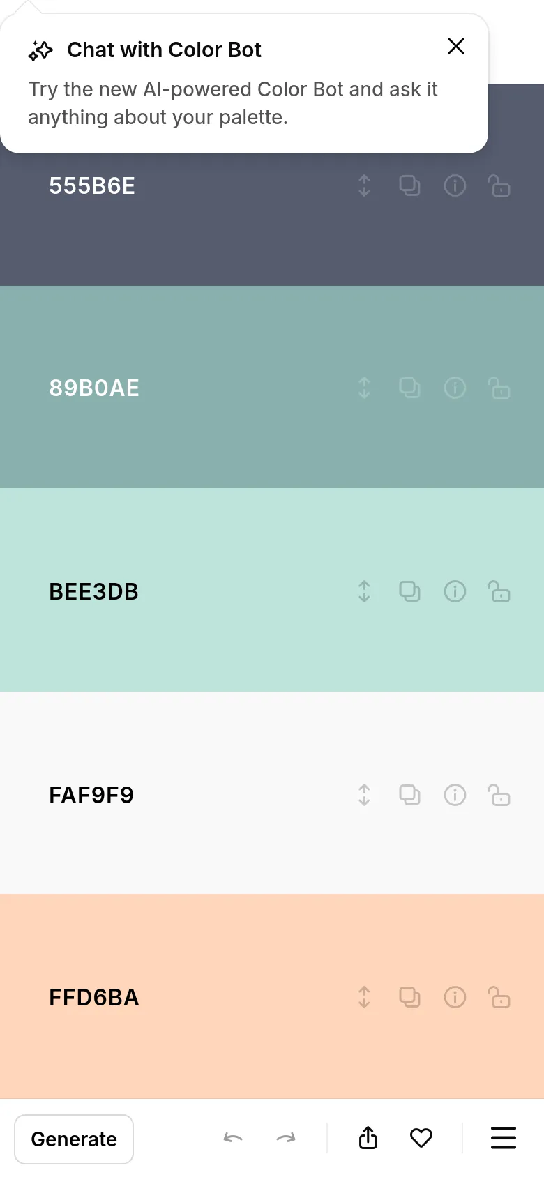 The mobile version presents the same vertical color strips, but the layout is optimized for a narrow screen, focusing on the hex codes and interaction icons within each color block. The top navigation is simplified, and a 'Generate' button is prominently fixed at the bottom left of the interface.