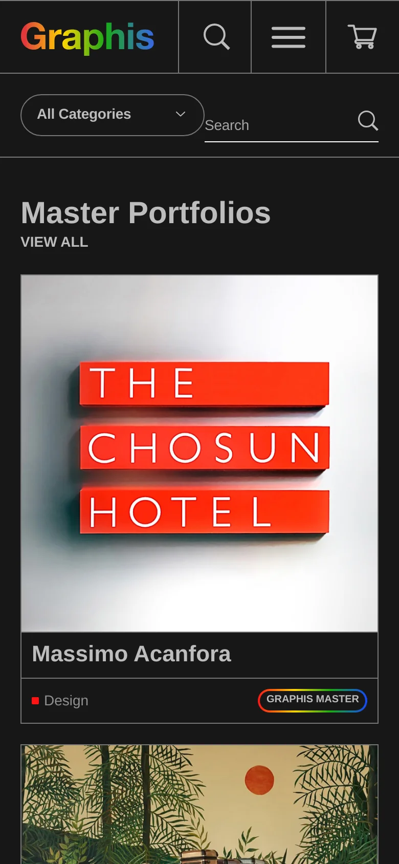The mobile version presents a simplified layout with a condensed header containing a hamburger menu, search icon, and shopping cart. The 'Quick Categories' and 'Master Portfolios' sections are stacked vertically, with the portfolio cards appearing larger and full-width to accommodate a single-column scrolling view.