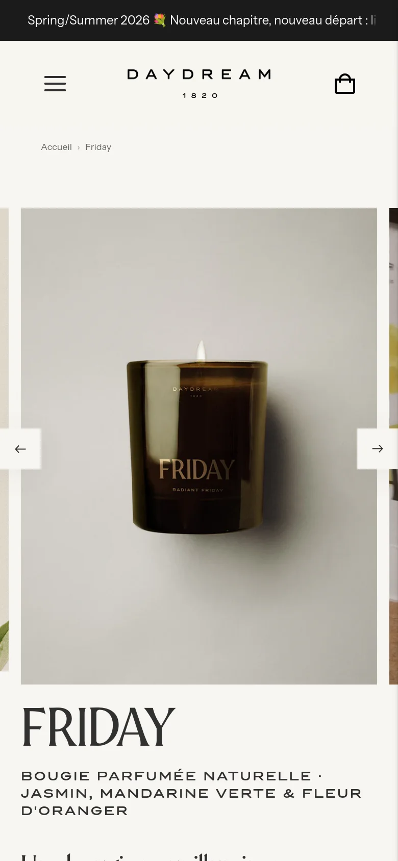 Mobile view of the Friday product page featuring a large, centered image carousel of the candle. The product title 'FRIDAY' and its description appear prominently below the main image. The layout is vertically stacked, replacing the side-by-side desktop arrangement with a single-column scrollable interface.