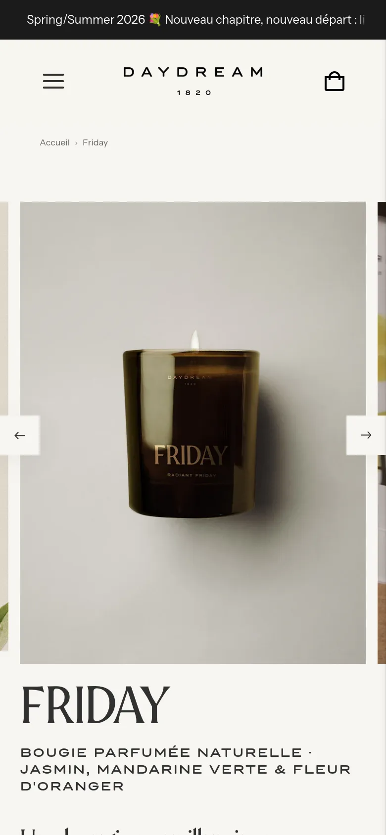 Mobile view of the Friday product page featuring a large, centered image carousel of the candle. The product title 'FRIDAY' and its description appear prominently below the main image. The layout is vertically stacked, replacing the side-by-side desktop arrangement with a single-column scrollable interface.